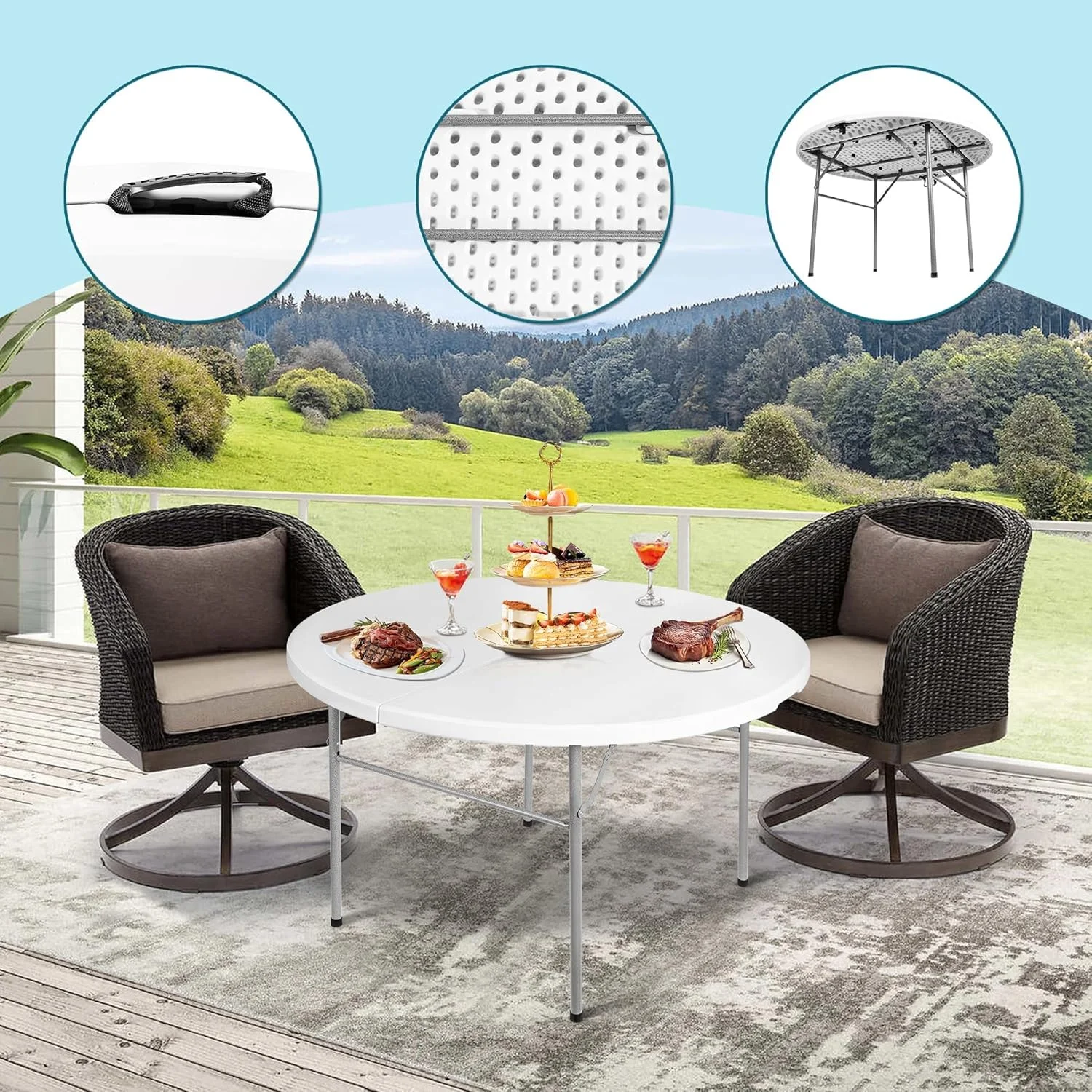 میز تاشو گرد MOMENT با قطر 1.2 متر، مناسب برای فضای داخلی و خارجی، میز پلاستیکی قابل حمل برای آشپزخانه، پیک نیک، مهمانی، عروسی و رویدادها، سفید