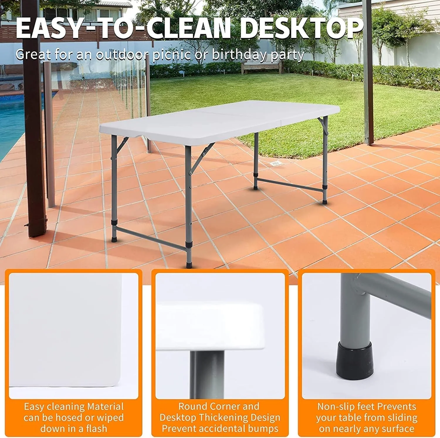 میز تاشو کمپینگ سولفر | میز خرک پلاستیکی سنگین برای باربیکیو، پیک نیک و مهمانی | طراحی سبک وزن با قابلیت تاشوندگی به نصف با دسته حمل | سفید | 180 x 75 x 75 سانتی متر