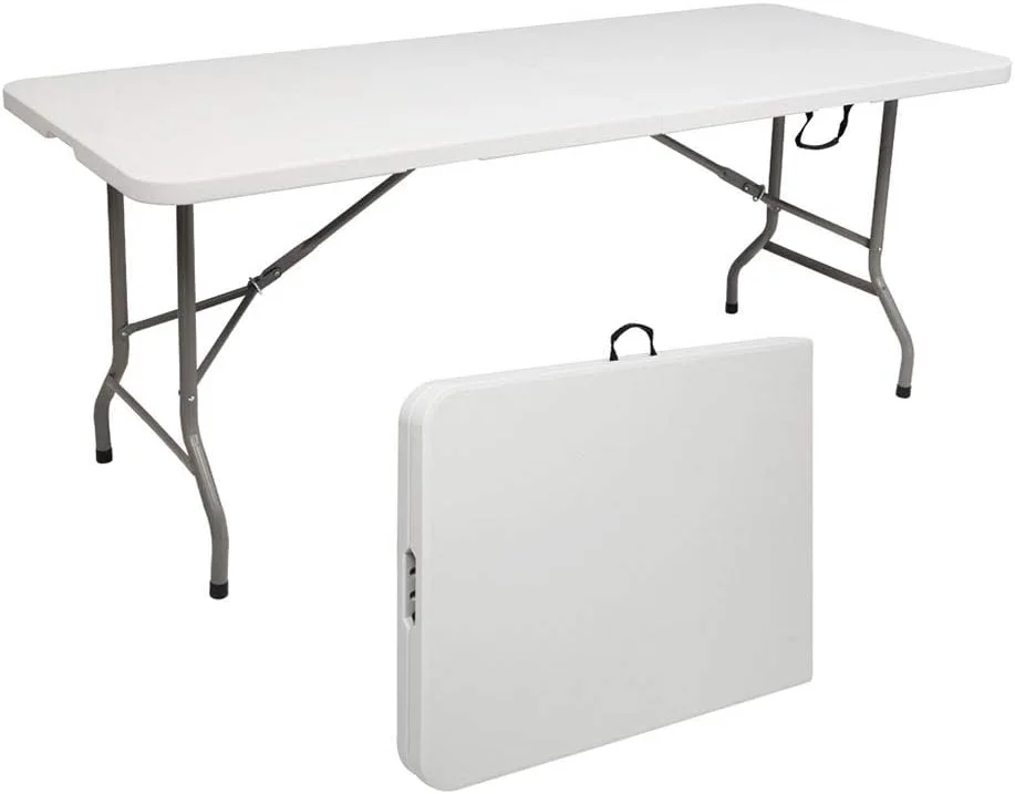 میز تاشو قابل حمل 180 سانتی متری، مناسب برای فضای باز، مهمانی، میز ناهارخوری برای 8 نفر، میز پلاستیکی پیک نیک و کمپینگ با فریم فلزی سنگین و دستگیره حمل، مناسب برای باغ، حیاط، مهمانی خانگی و عروسی