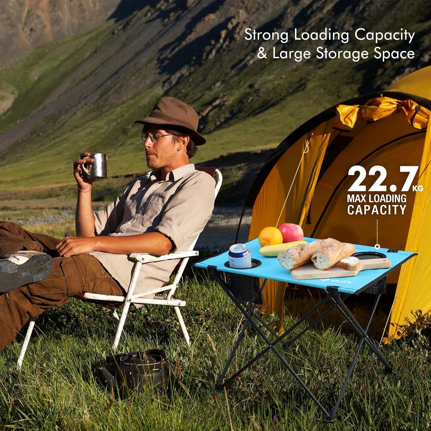 میز تاشو کمپینگ VILLEY، میز سبک وزن قابل حمل ساحلی با 2 جای لیوان و کیف حمل برای کمپینگ، ساحل، ماهیگیری، مسافرت و فعالیت های خارج از منزل میز تاشو کمپینگ VILLEY، میز سبک وزن قابل حمل ساحلی با 2 جای لیوان و کیف حمل برای کمپینگ، ساحل، ماهیگیری، مسافرت و فعالیت های خارج از منزل