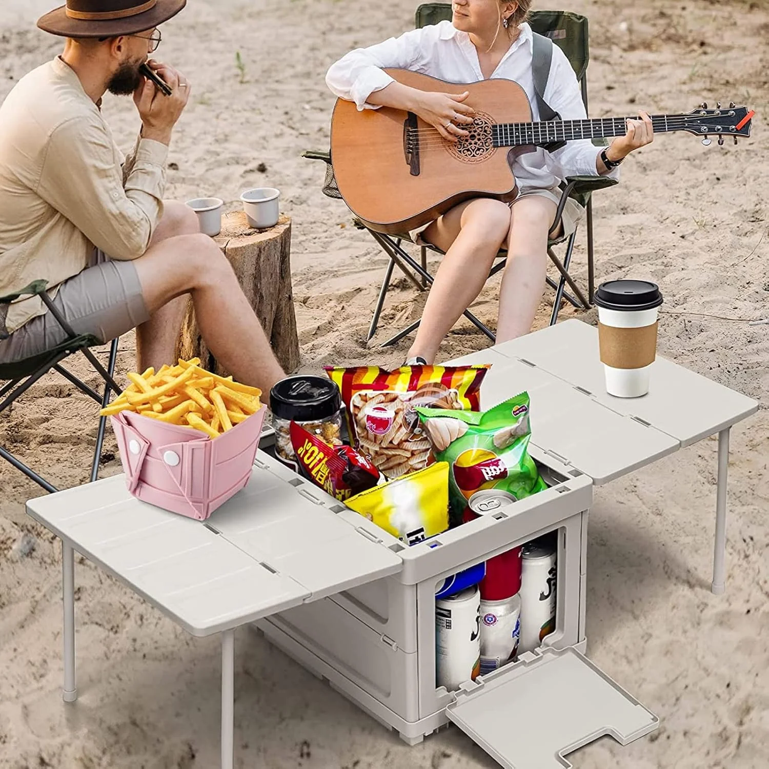 میز تاشو قابل حمل تاشو کمپینگ در فضای باز CooToly با جعبه ذخیره سازی درب دار، میز ناهار خوری سبک وزن تاشو پیک نیک کمپینگ (خاکستری)
