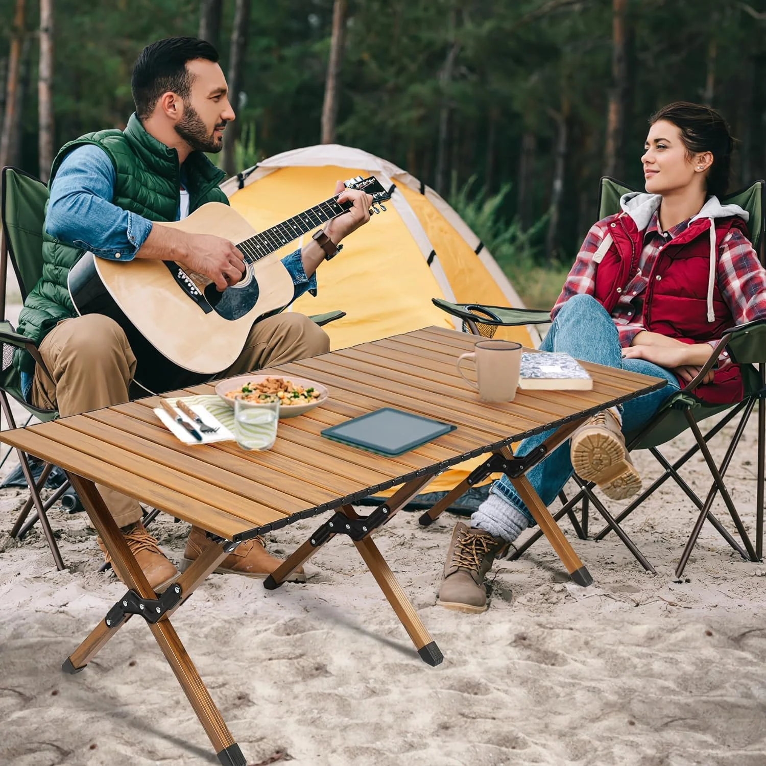 میز کمپینگ ROUNY، میز پیک نیک قابل حمل با کیف حمل، میز کمپینگ تاشو قابل حمل با ارتفاع کم 4 فوتی برای پیک نیک در فضای باز/داخلی، باربیکیو و پیاده روی، چند منظوره برای پاسیو، باغ، حیاط خلوت