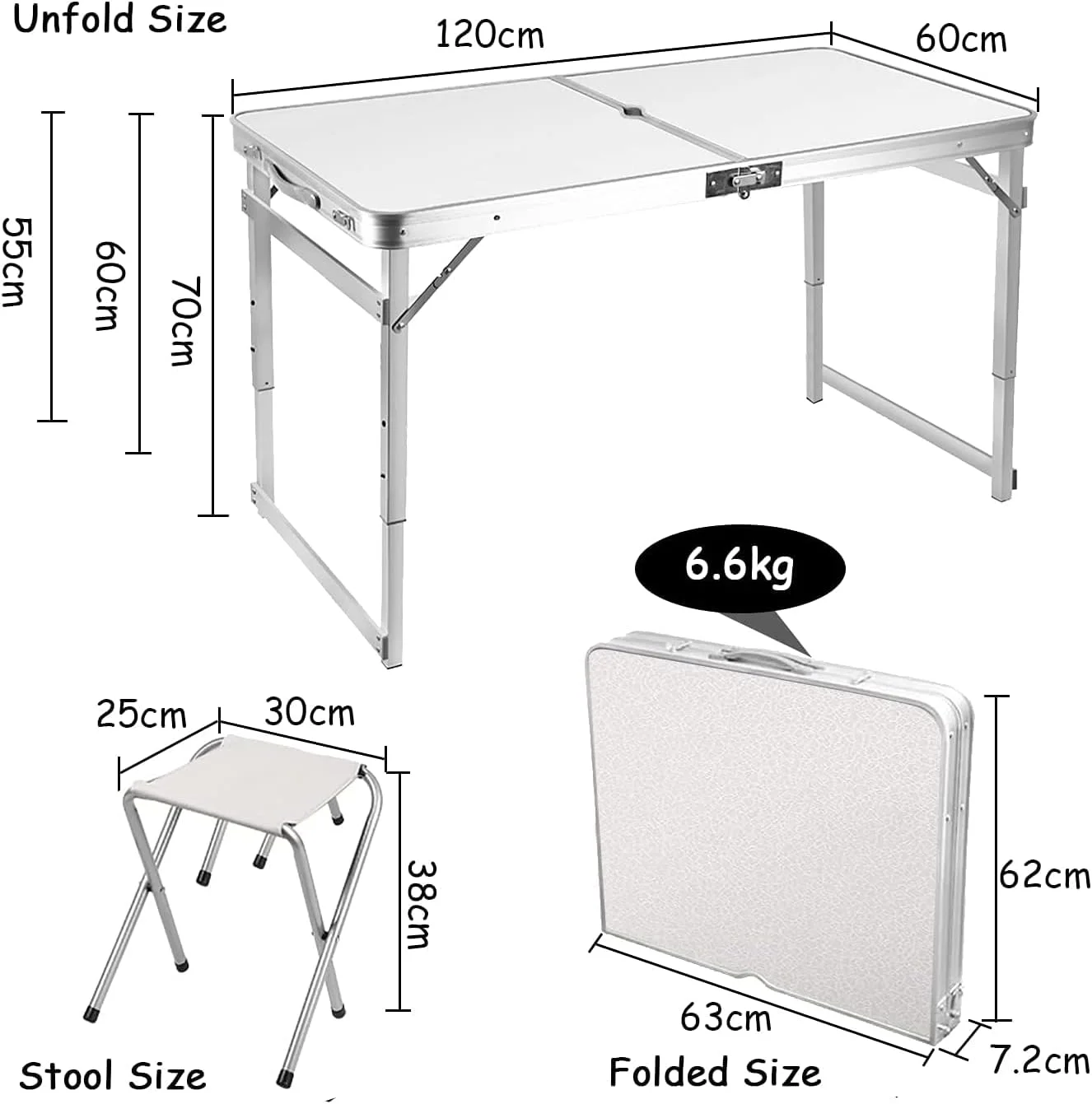 Organized Home Folding Camping Picnic Table - Portable Outdoor Aluminum Table + 4 Stools, 3 Adjustable Heights, Lightweight Dining Table for Grill BBQ Backyard and Beach (Square tube)