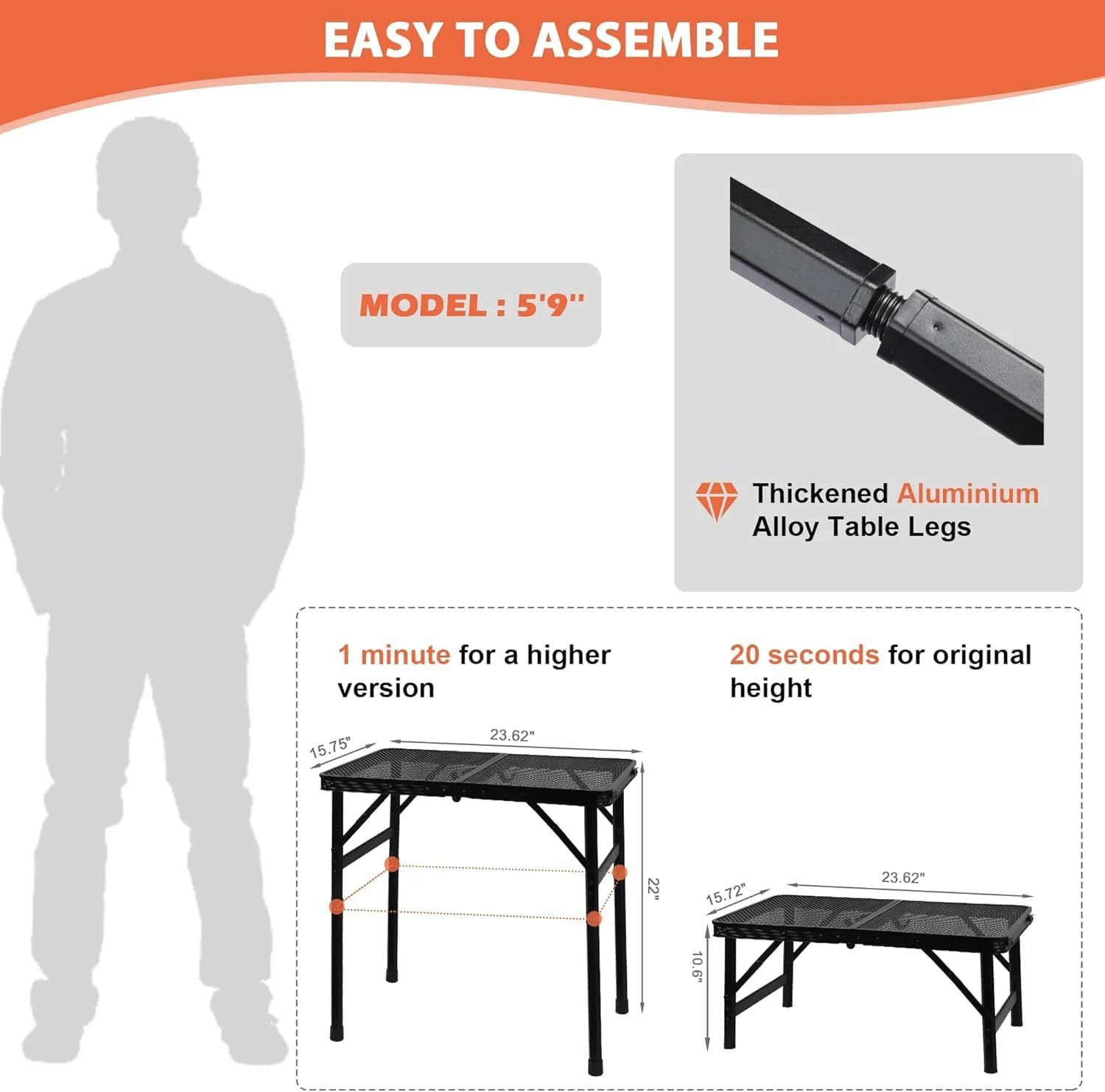 میز تاشو کمپینگ قابل حمل با رویه مشبک، میز پیک نیک تاشو، میز اجاق گاز مناسب فضای باز برای کمپینگ، پخت و پز، باربیکیو، RV، پیک نیک - مشکی 60 سانتی متری