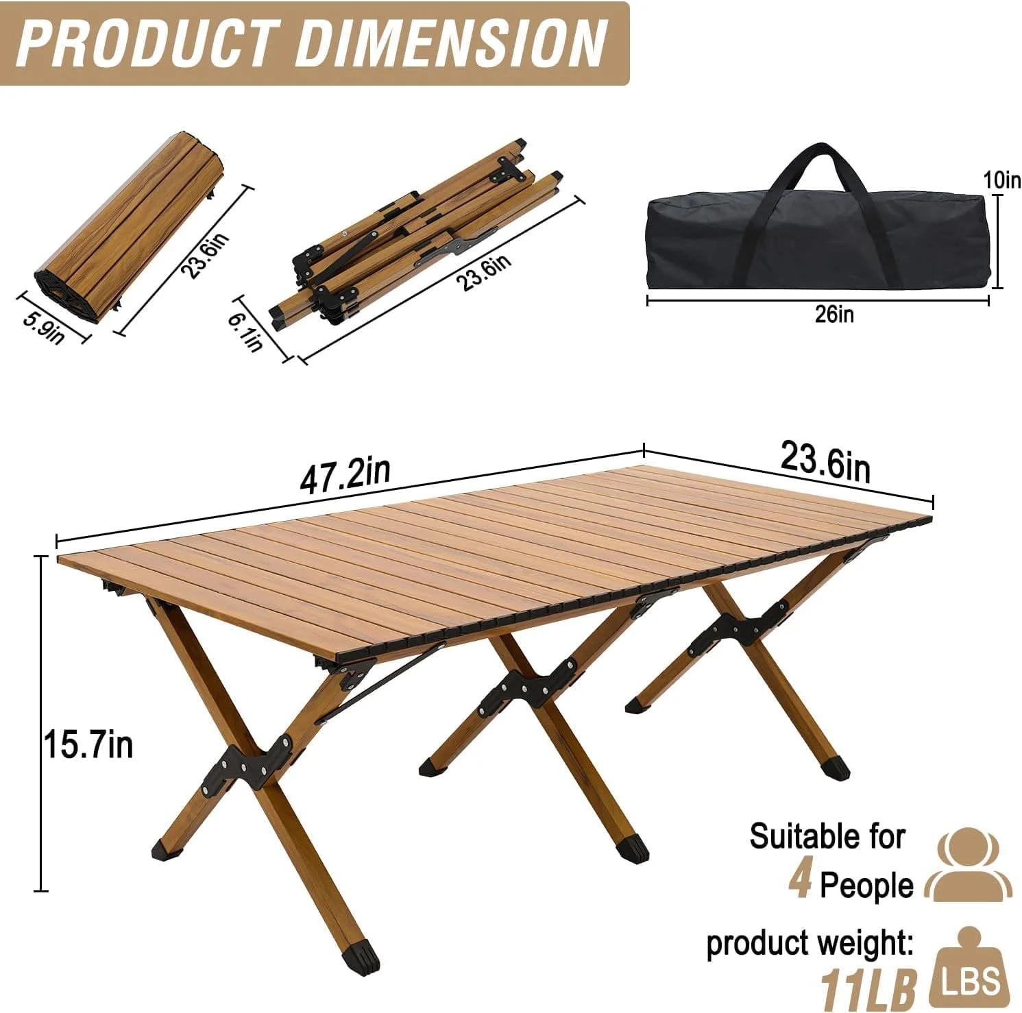 میز کمپینگ ROUNY، میز پیک نیک قابل حمل با کیف حمل، میز کمپینگ تاشو قابل حمل با ارتفاع کم 4 فوتی برای پیک نیک در فضای باز/داخلی، باربیکیو و پیاده روی، چند منظوره برای پاسیو، باغ، حیاط خلوت