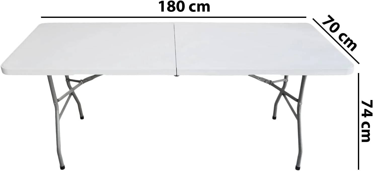 میز تاشو سنگین 180 سانتی متری - مناسب برای پذیرایی، کمپینگ، پیک نیک، مهمانی - میز پایه دار قابل حمل و جمع و جور با دستگیره حمل - غذاخوری داخلی/خارجی، باغ، بازار، باربیکیو - سفید