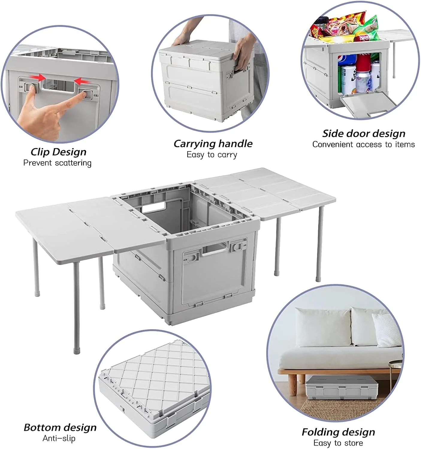 میز تاشو قابل حمل تاشو کمپینگ در فضای باز CooToly با جعبه ذخیره سازی درب دار، میز ناهار خوری سبک وزن تاشو پیک نیک کمپینگ (خاکستری)