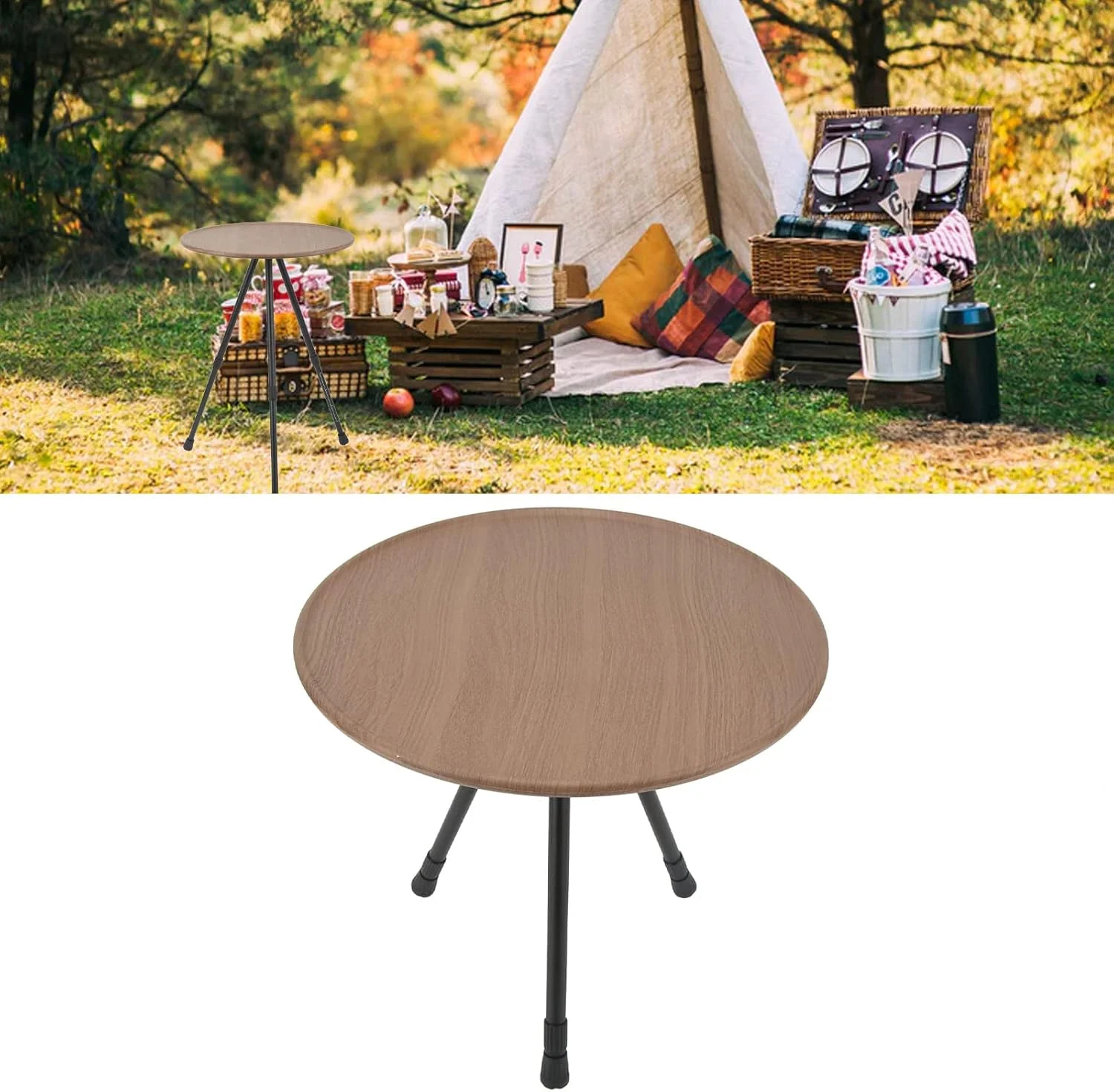 میز کمپینگ تاشو گرد Rengu، میز پیک نیک قابل حمل با پایه سه گوشه خود محرک و قابل گسترش برای استفاده در منزل (رنگ دانه چوب) میز کمپینگ تاشو گرد Rengu، میز پیک نیک قابل حمل با پایه سه گوشه خود محرک و قابل گسترش برای استفاده در منزل (رنگ دانه چوب)