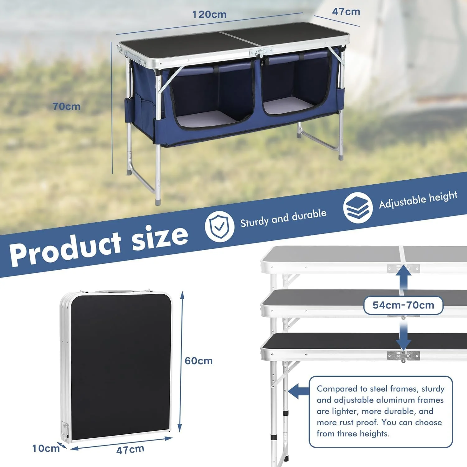 میز تاشو آلومینیومی کمپینگ با پایه های قابل تنظیم برای مسافرت در فضای باز، ساحل، حیاط خلوت، باربیکیو، مهمانی و پیک نیک میز تاشو آلومینیومی کمپینگ با پایه های قابل تنظیم برای مسافرت در فضای باز، ساحل، حیاط خلوت، باربیکیو، مهمانی و پیک نیک