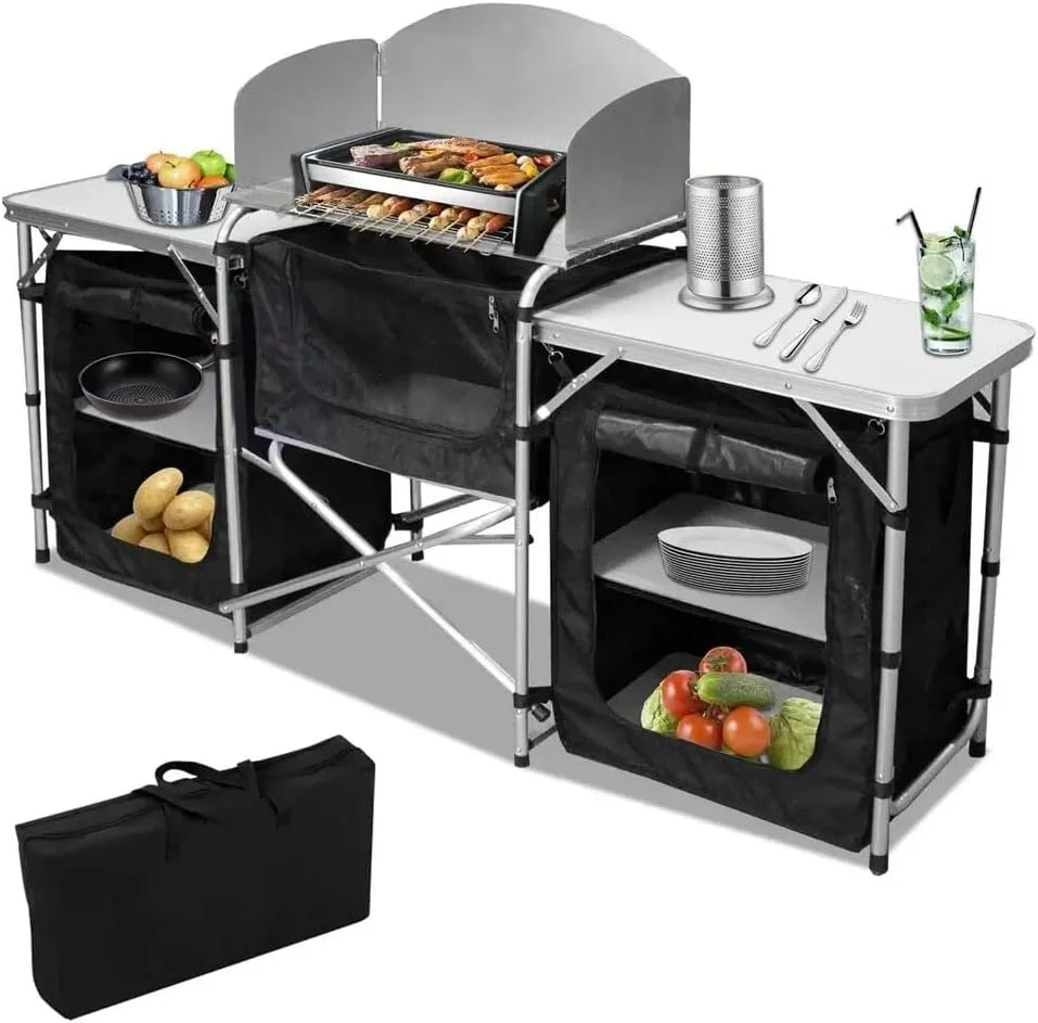 میز تاشو آلومینیومی قابل حمل و گسترش کمپینگ با سینک، ایستگاه آشپزی فضای باز برای پیک نیک و مسافرت (مشکی) میز تاشو آلومینیومی قابل حمل و گسترش کمپینگ با سینک، ایستگاه آشپزی فضای باز برای پیک نیک و مسافرت (مشکی)