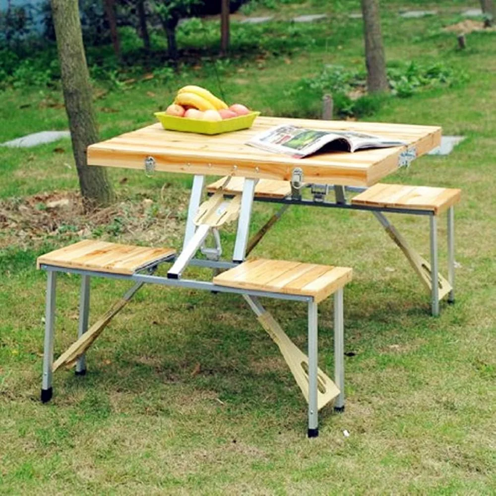 میز پیک نیک چوبی تاشو فضای باز lijunjp، میز کمپینگ تاشو با 4 صندلی کاج، میز کمپینگ قابل حمل با سوراخ چتر، مناسب برای کمپینگ، باربیکیو