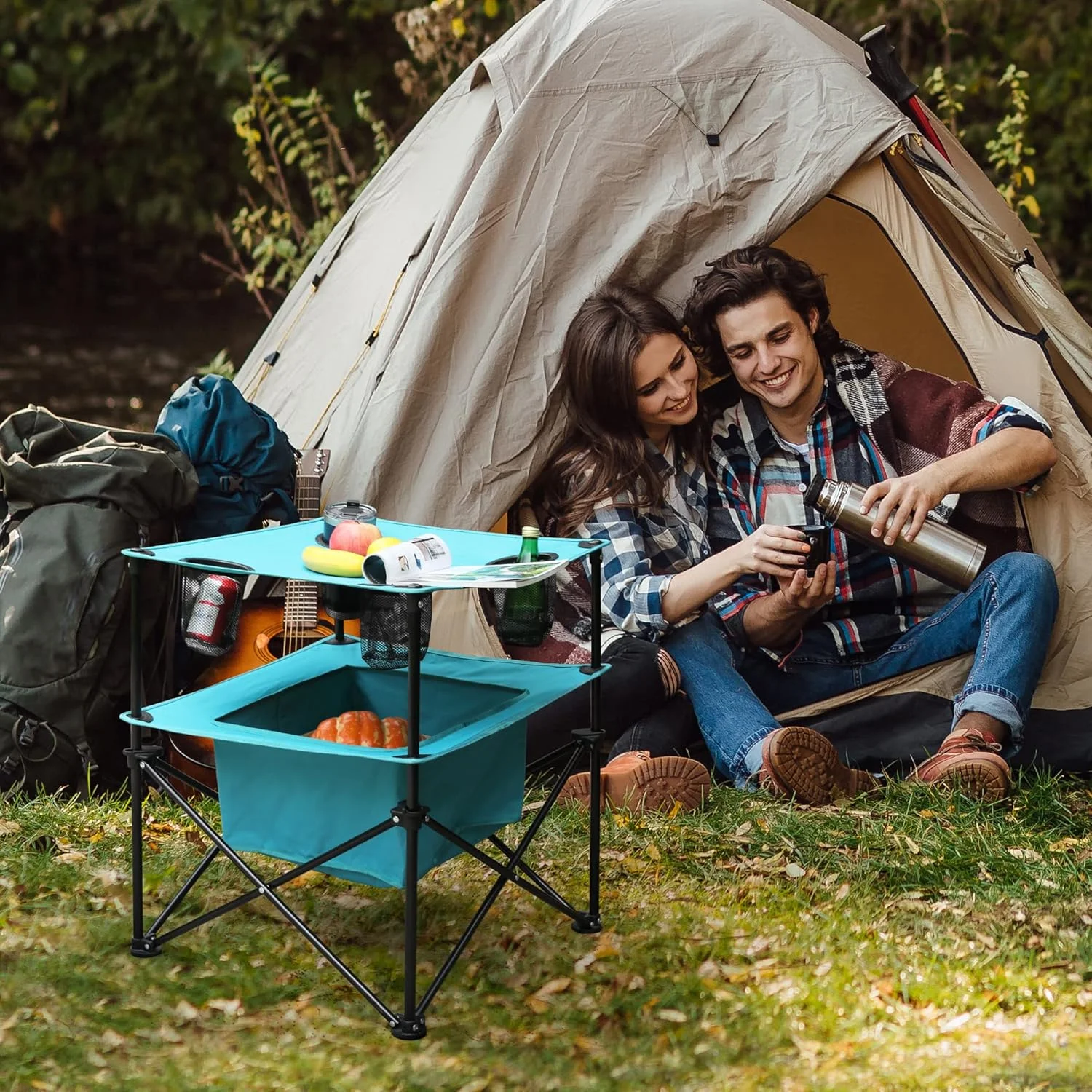 میز پیک نیک تاشو قابل حمل VILLEY، میز سبک وزن تاشو ساحلی با 4 جای لیوان و کیف حمل برای کمپینگ، مسافرت، ماهیگیری و فعالیت های خارج از منزل