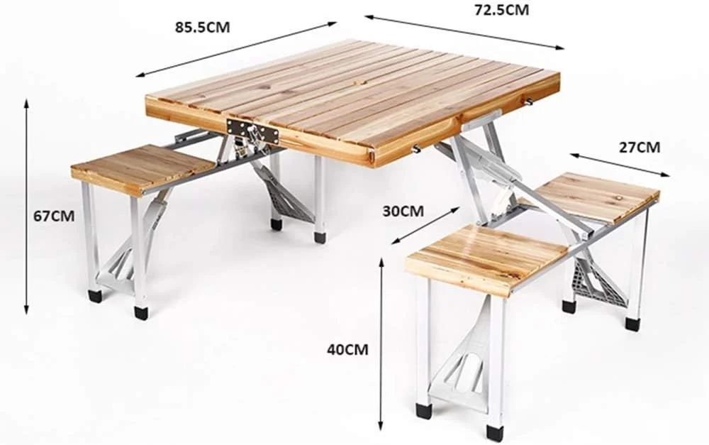 میز پیک نیک چوبی تاشو فضای باز lijunjp، میز کمپینگ تاشو با 4 صندلی کاج، میز کمپینگ قابل حمل با سوراخ چتر، مناسب برای کمپینگ، باربیکیو