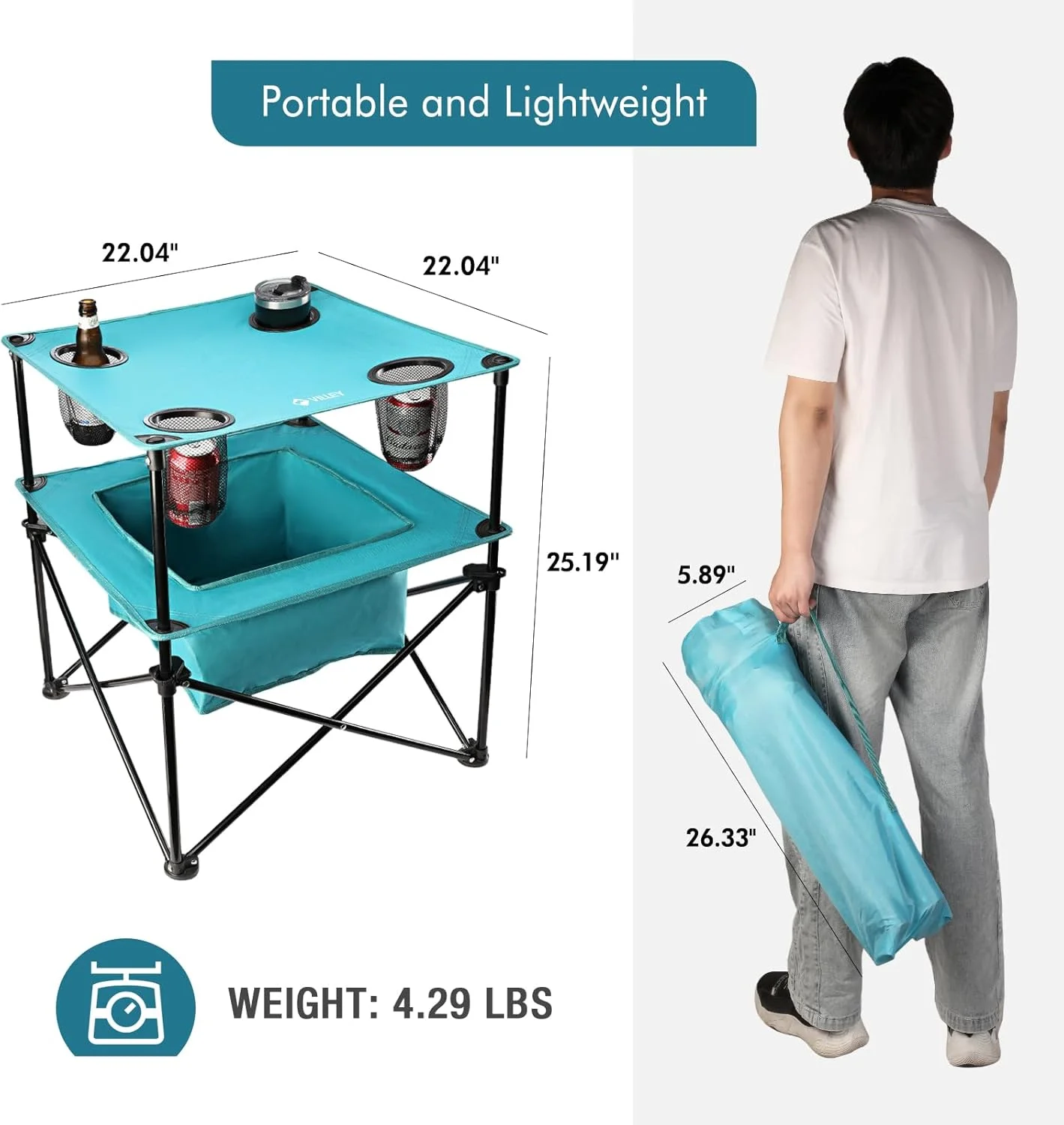 میز پیک نیک تاشو قابل حمل VILLEY، میز سبک وزن تاشو ساحلی با 4 جای لیوان و کیف حمل برای کمپینگ، مسافرت، ماهیگیری و فعالیت های خارج از منزل
