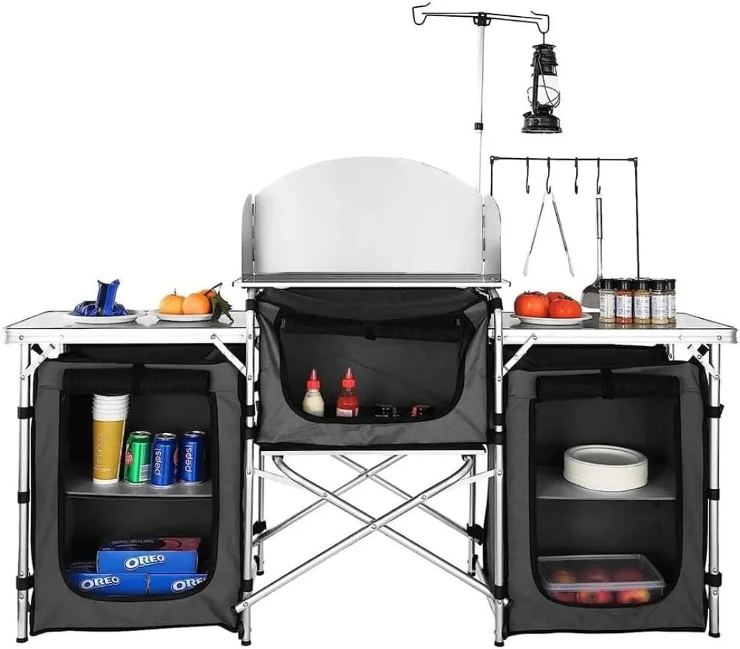 میز تاشو آلومینیومی قابل حمل و گسترش کمپینگ با سینک، ایستگاه آشپزی فضای باز برای پیک نیک و مسافرت (مشکی) میز تاشو آلومینیومی قابل حمل و گسترش کمپینگ با سینک، ایستگاه آشپزی فضای باز برای پیک نیک و مسافرت (مشکی)