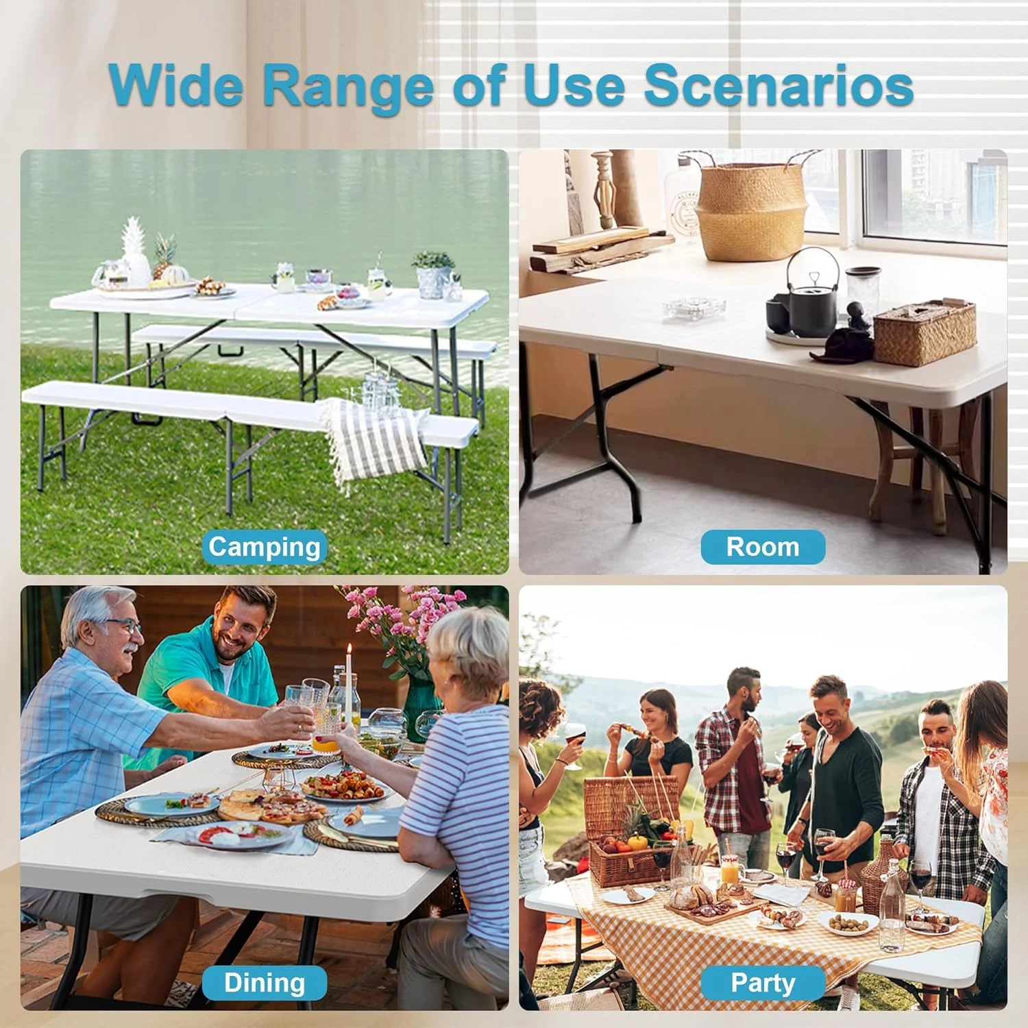 میز تاشو سبک وزن MOMENT مناسب کمپینگ در فضای باز، میز تاشو پلاستیکی مقاوم برای پیک نیک در فضای باز، میز تاشو مناسب مهمانی باربیکیو، تاشو از وسط با دستگیره حمل، سفید (180x75 سانتی متر)