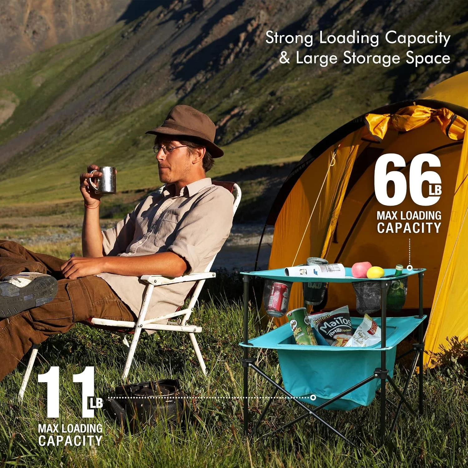 میز پیک نیک تاشو قابل حمل VILLEY، میز سبک وزن تاشو ساحلی با 4 جای لیوان و کیف حمل برای کمپینگ، مسافرت، ماهیگیری و فعالیت های خارج از منزل