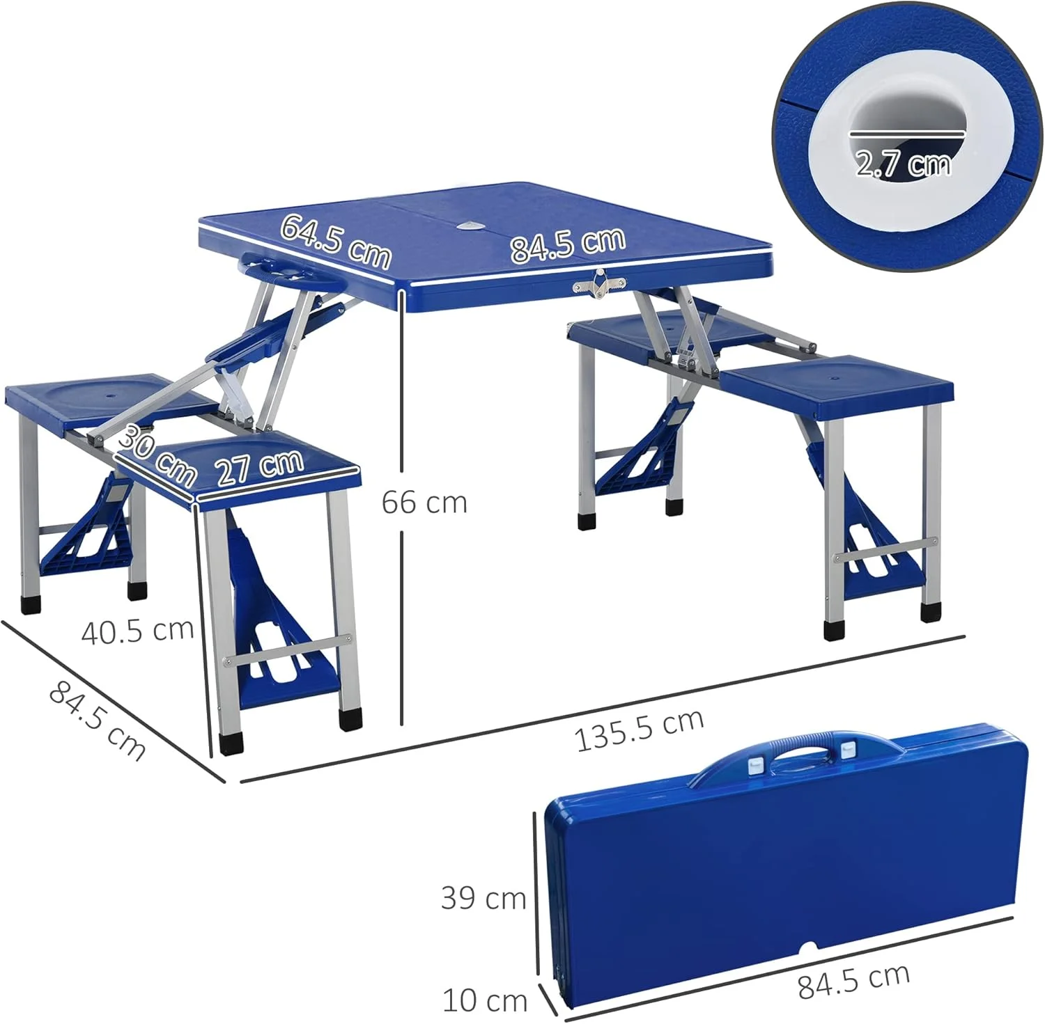 میز پیک نیک تاشو و قابل حمل Outsunny با صندلی و جای چتر، میز پیک نیک مسافرتی تاشو 4 نفره، آبی