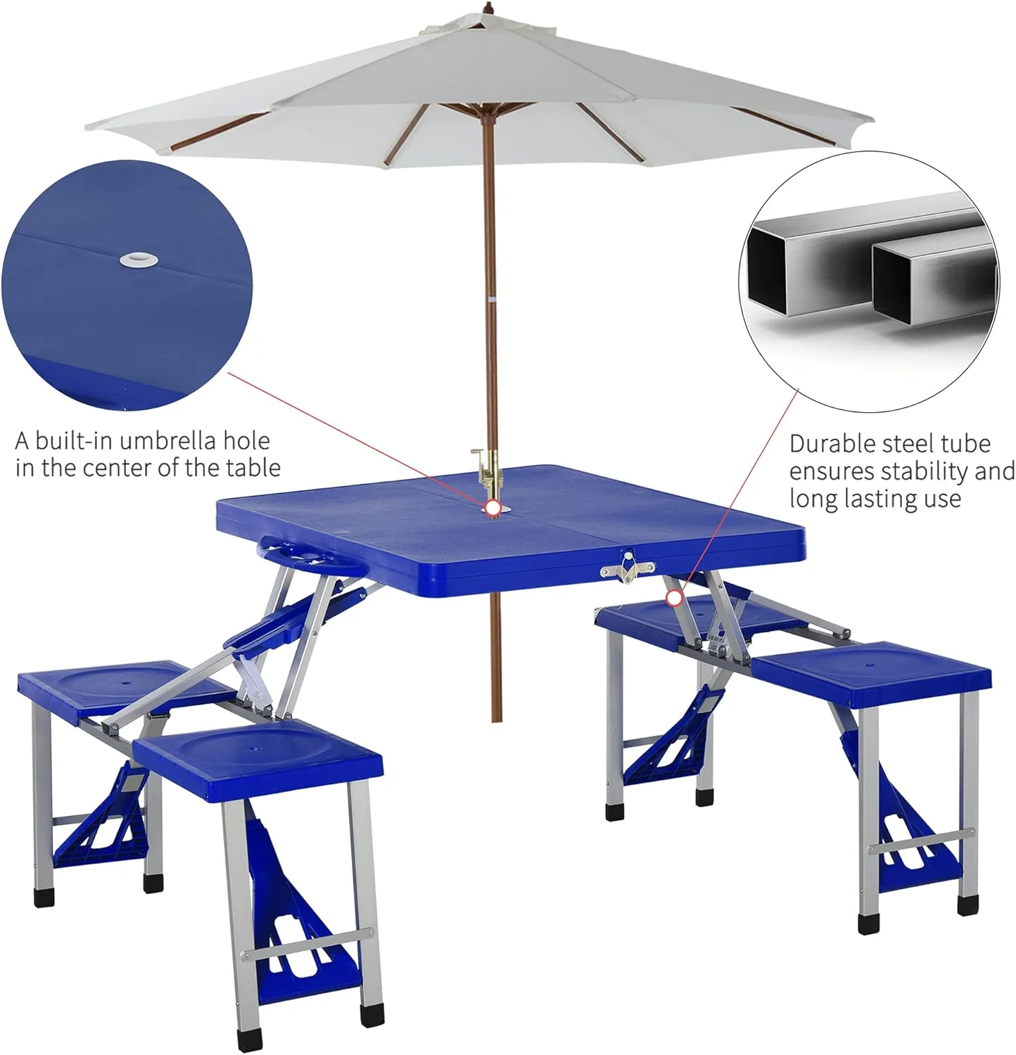 میز پیک نیک تاشو و قابل حمل Outsunny با صندلی و جای چتر، میز پیک نیک مسافرتی تاشو 4 نفره، آبی