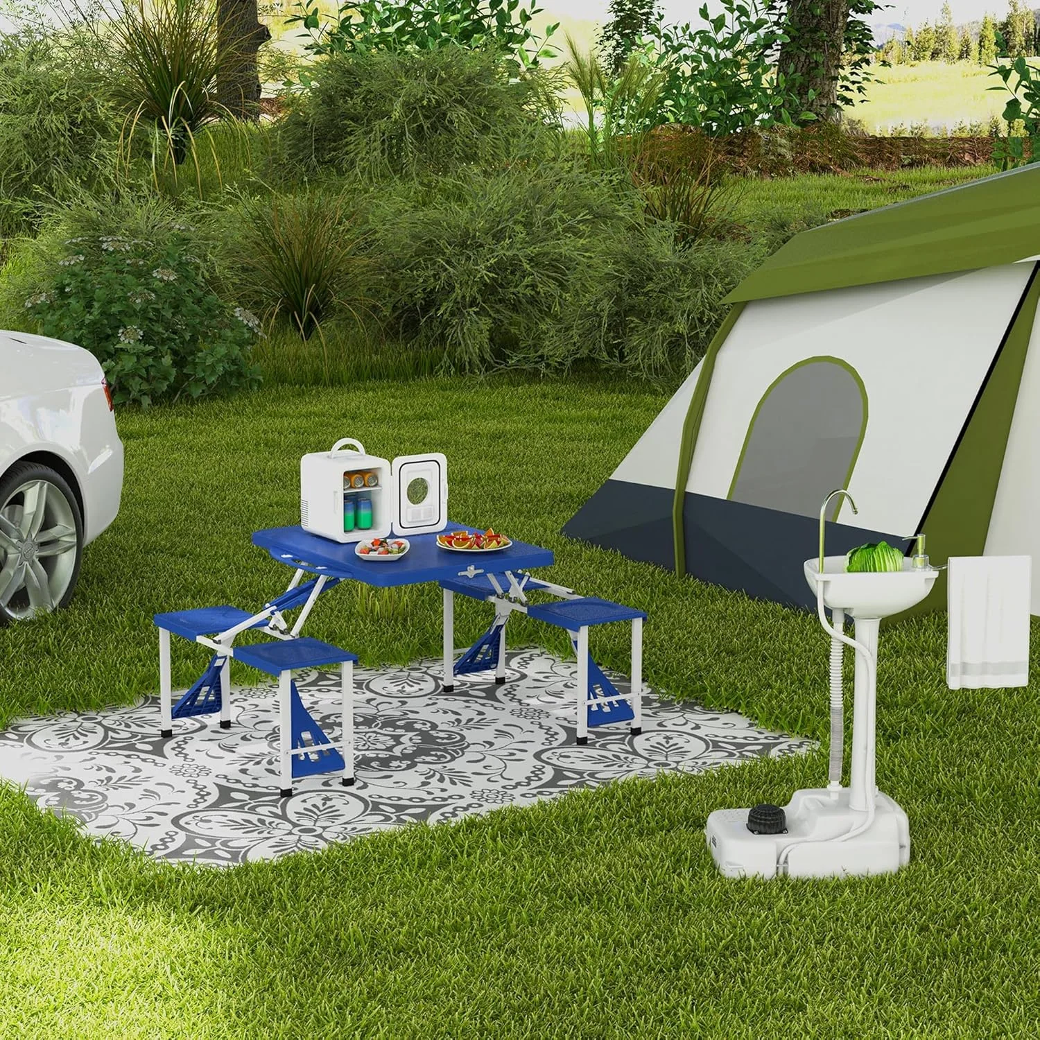 میز پیک نیک تاشو و قابل حمل Outsunny با صندلی و جای چتر، میز پیک نیک مسافرتی تاشو 4 نفره، آبی