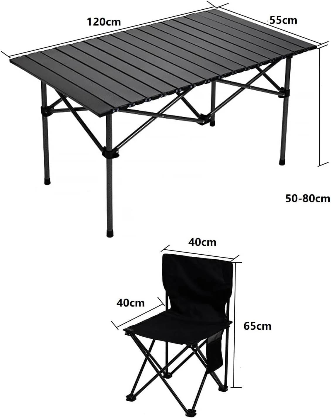 میز تاشو آلومینیومی قابل حمل و قابل تنظیم برای پیک نیک و کمپینگ خانوادگی به همراه 4 صندلی و فضای ذخیره سازی بزرگ برای سفر، باغ، باربیکیو، مهمانی ساحلی با کیف حمل (میز و صندلی مشکی) 55D x 120W