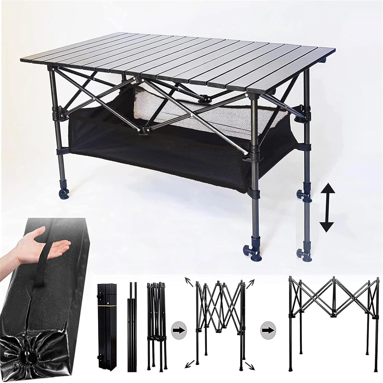 میز تاشو آلومینیومی قابل حمل و قابل تنظیم برای پیک نیک و کمپینگ خانوادگی به همراه 4 صندلی و فضای ذخیره سازی بزرگ برای سفر، باغ، باربیکیو، مهمانی ساحلی با کیف حمل (میز و صندلی مشکی) 55D x 120W