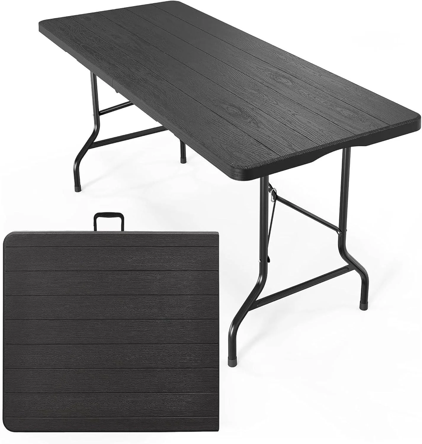 میز تاشو پایه دار سبک وزن میز کمپینگ فضای باز، 180 سانتی متر/72 اینچ - میز پیک نیک تاشو پلاستیکی سنگین فضای باز، میز تاشو پایه دار برای مهمانی باربیکیو، دسته حمل، مشکی 180×75×75 سانتی متر