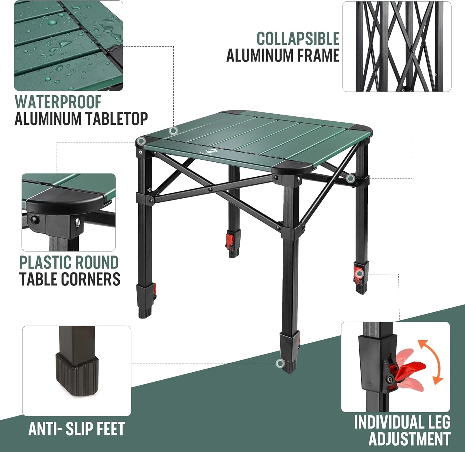 میز تاشو مربعی کمپینگ VILLEY به همراه کیف حمل، میز مربعی آلومینیومی سبک و قابل تنظیم برای فضای باز، کمپینگ، پیک نیک، حیاط خلوت، باربیکیو (بزرگ)