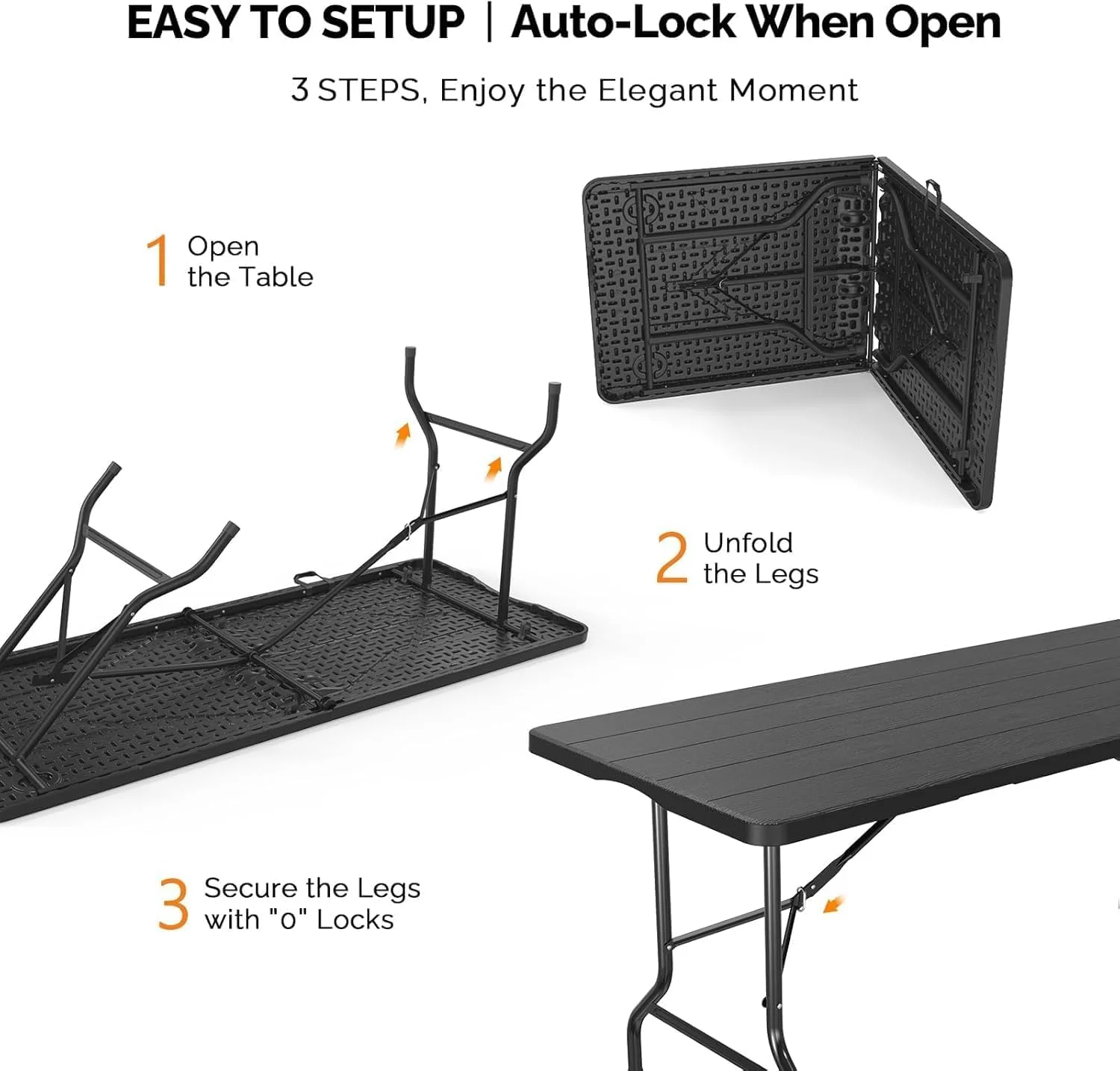 میز تاشو پایه دار سبک وزن میز کمپینگ فضای باز، 180 سانتی متر/72 اینچ - میز پیک نیک تاشو پلاستیکی سنگین فضای باز، میز تاشو پایه دار برای مهمانی باربیکیو، دسته حمل، مشکی 180×75×75 سانتی متر