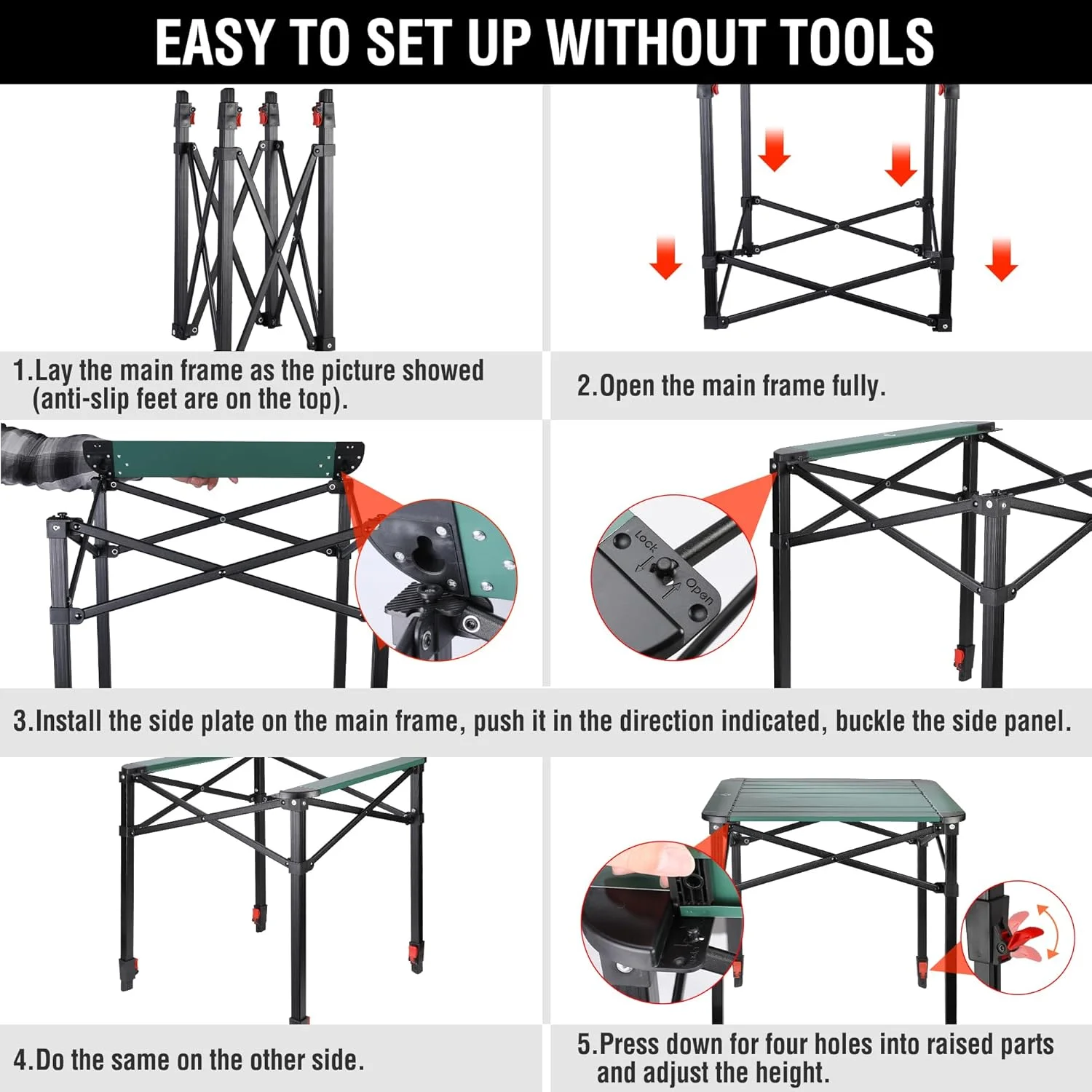 میز تاشو مربعی کمپینگ VILLEY به همراه کیف حمل، میز مربعی آلومینیومی سبک و قابل تنظیم برای فضای باز، کمپینگ، پیک نیک، حیاط خلوت، باربیکیو (بزرگ)