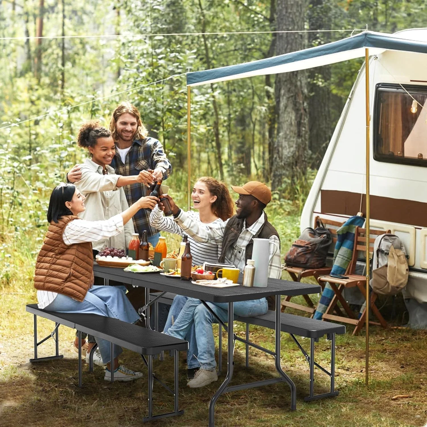 میز تاشو پایه دار سبک وزن میز کمپینگ فضای باز، 180 سانتی متر/72 اینچ - میز پیک نیک تاشو پلاستیکی سنگین فضای باز، میز تاشو پایه دار برای مهمانی باربیکیو، دسته حمل، مشکی 180×75×75 سانتی متر