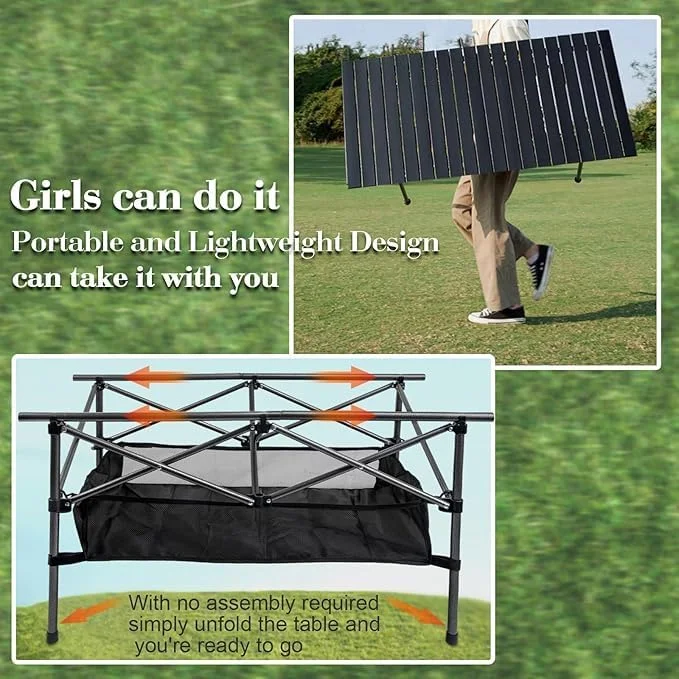 میز تاشو آلومینیومی قابل حمل و قابل تنظیم برای پیک نیک و کمپینگ خانوادگی به همراه 4 صندلی و فضای ذخیره سازی بزرگ برای سفر، باغ، باربیکیو، مهمانی ساحلی با کیف حمل (میز و صندلی مشکی) 55D x 120W