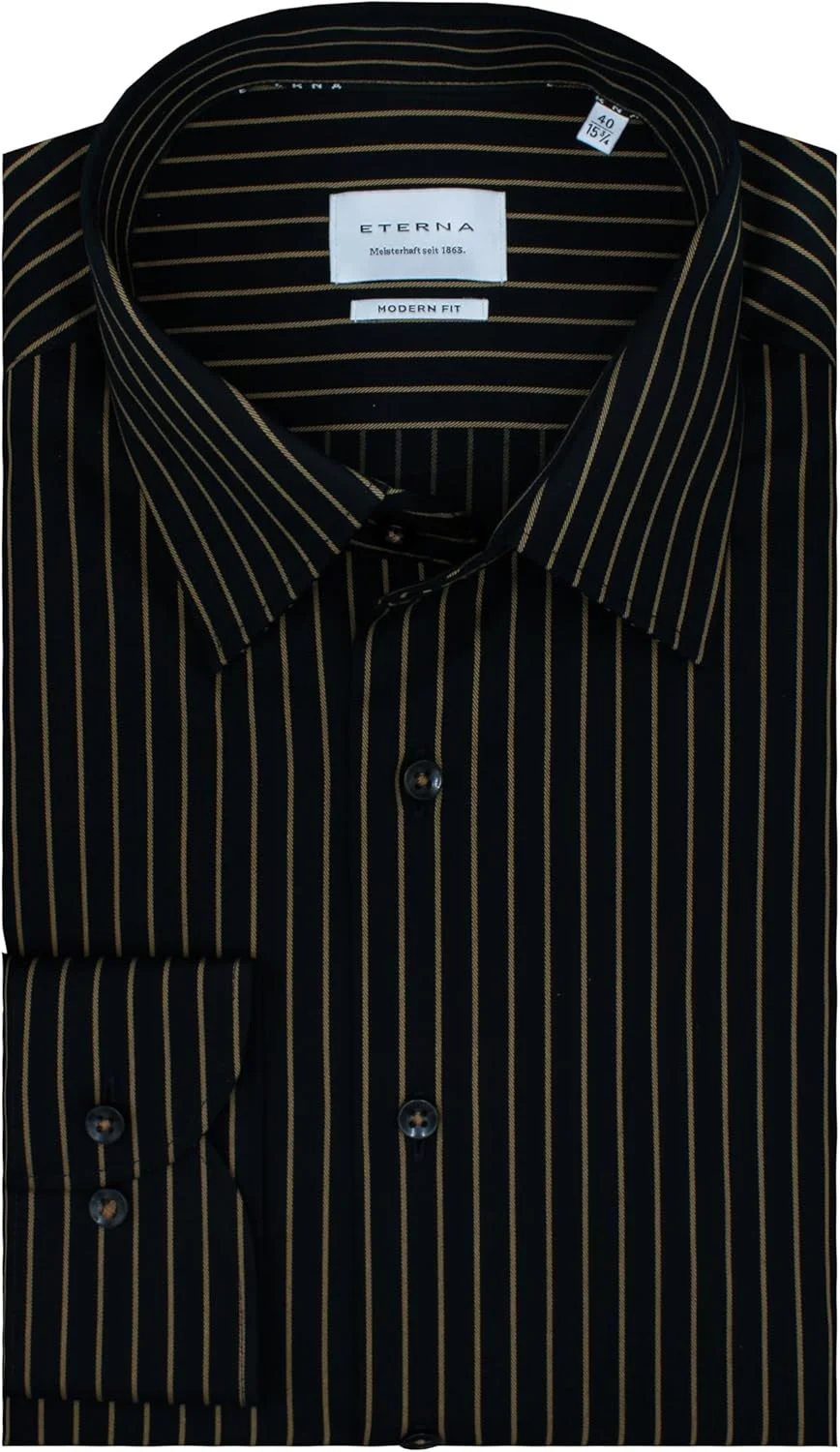 پیراهن آستین بلند مردانه ETERNA، مدل مدرن، راه راه، بدون نیاز به اتو، ضد چروک، 100% پنبه، مشکی-طلایی (23)، 44