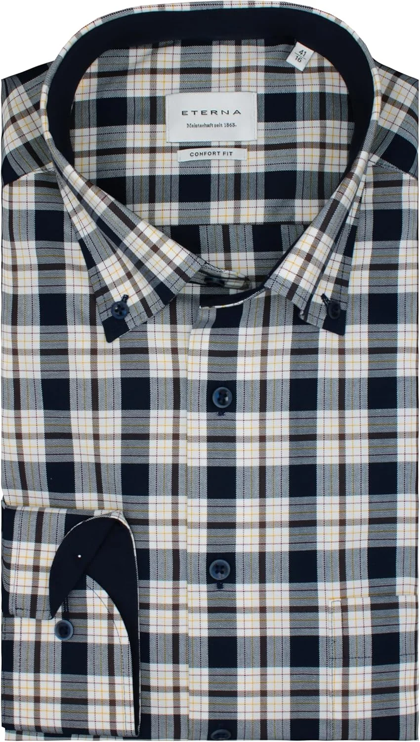 پیراهن آستین بلند مردانه ETERNA، مدل Comfort Fit، یقه دکمه دار، بدون نیاز به اتو، ضد چروک، 100% پنبه، سرمه ای، 48