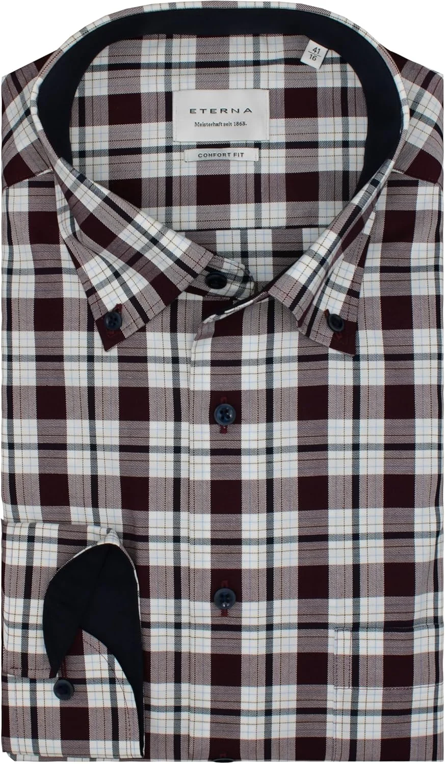 پیراهن آستین بلند مردانه ETERNA، فیت راحت، یقه دکمه دار، بدون نیاز به اتو، ضد چروک، 100% پنبه، بورگوندی، 50