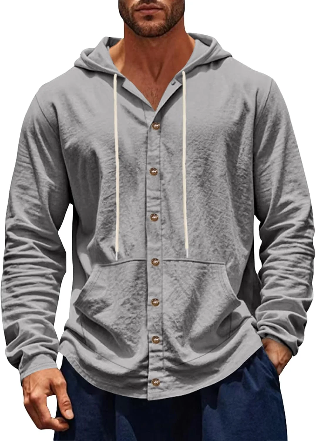 هودی مردانه کتان SEAUR آستین بلند دکمه دار با جیب، پیراهن ساحلی، هودی های سبک وزن و شیک سایز S-3XL