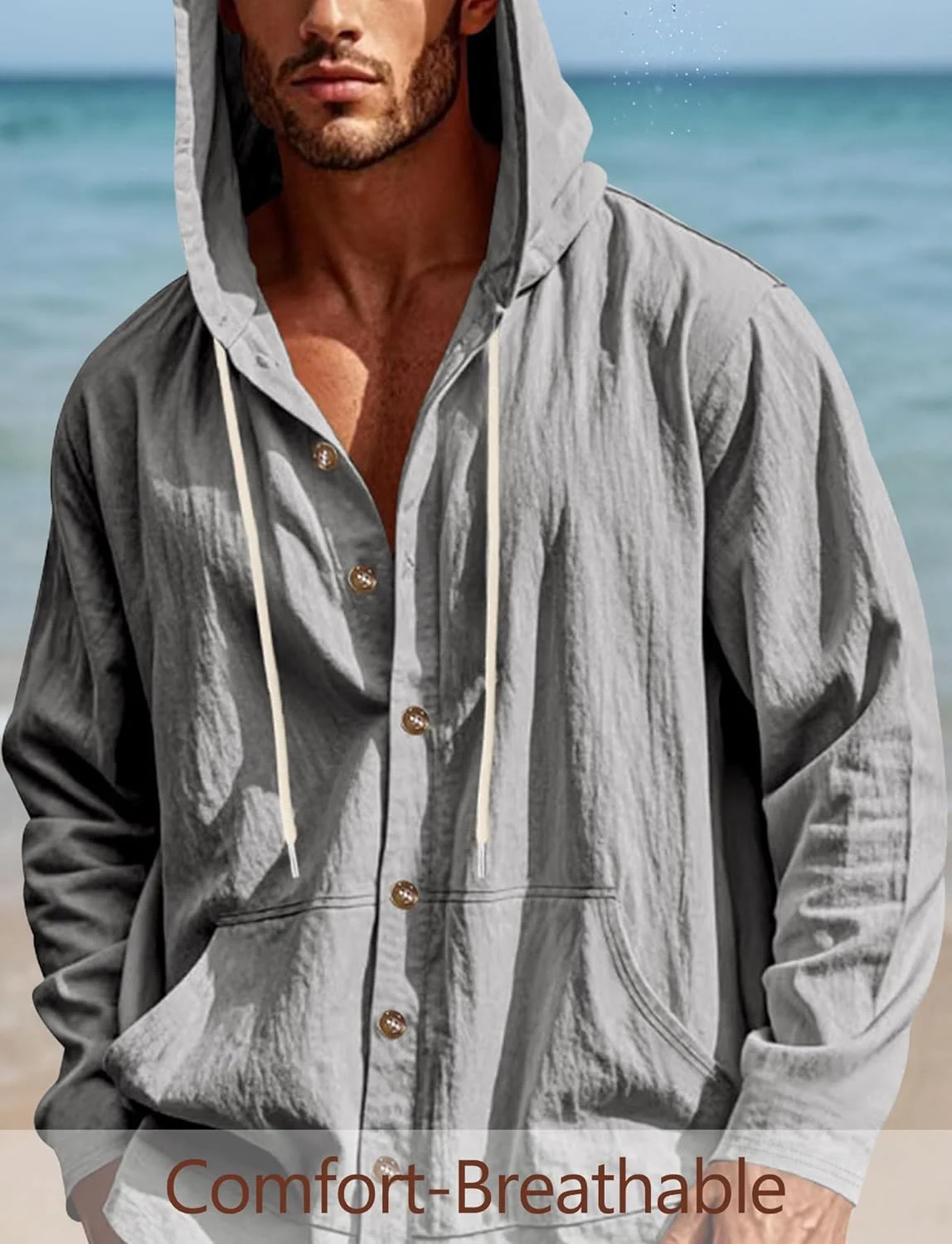 هودی مردانه کتان SEAUR آستین بلند دکمه دار با جیب، پیراهن ساحلی، هودی های سبک وزن و شیک سایز S-3XL هودی مردانه کتان SEAUR آستین بلند دکمه دار با جیب، پیراهن ساحلی، هودی های سبک وزن و شیک سایز S-3XL