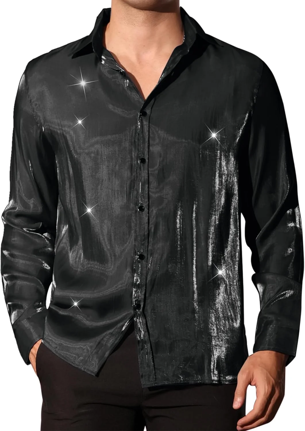 پیراهن ساتن براق مردانه Lars Amadeus آستین بلند دکمه دار مناسب مهمانی و دیسکو دهه 70