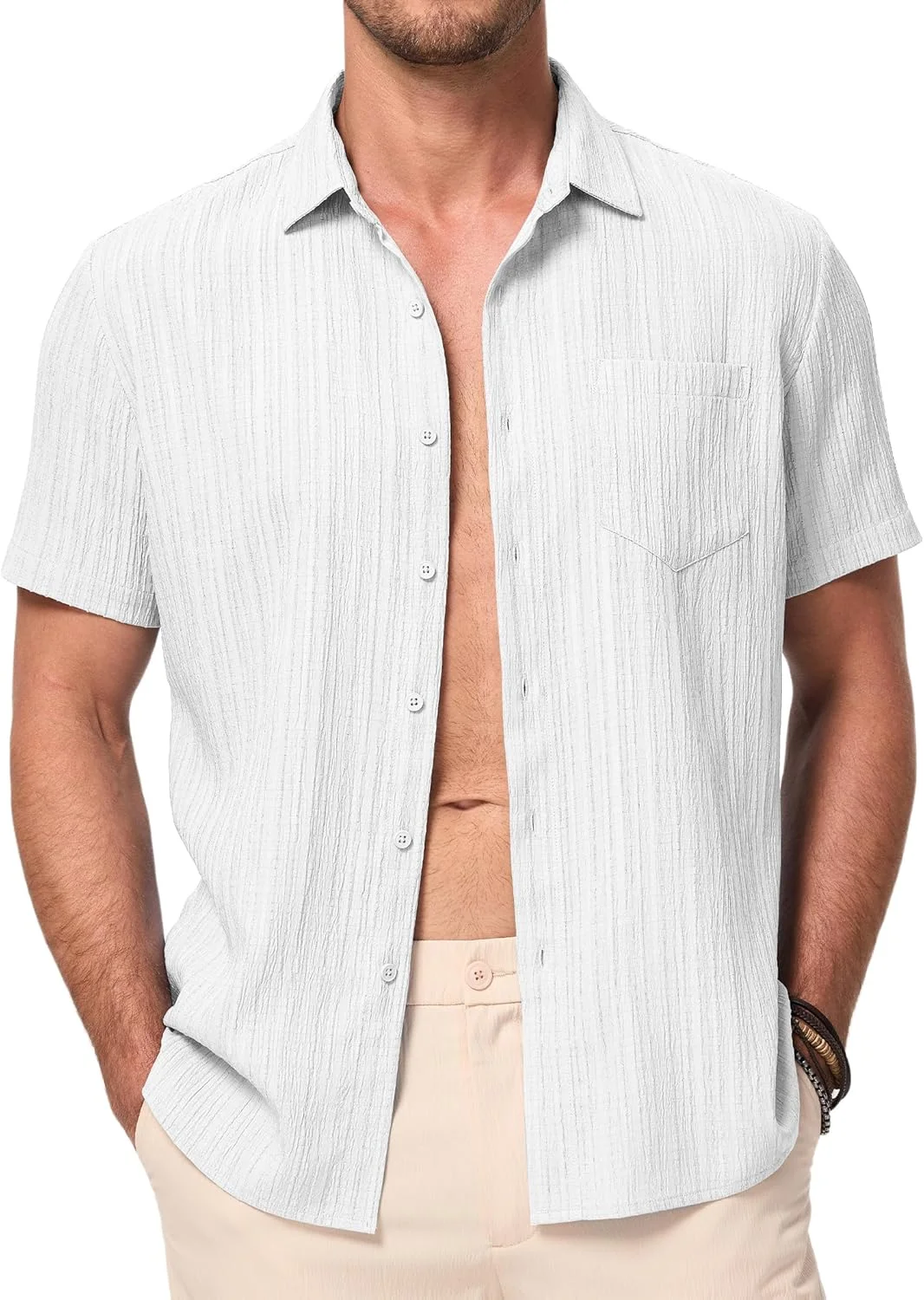 پیراهن مردانه دکمه دار آستین کوتاه JMIERR مناسب تعطیلات ساحلی تابستانی با بافت و جیب