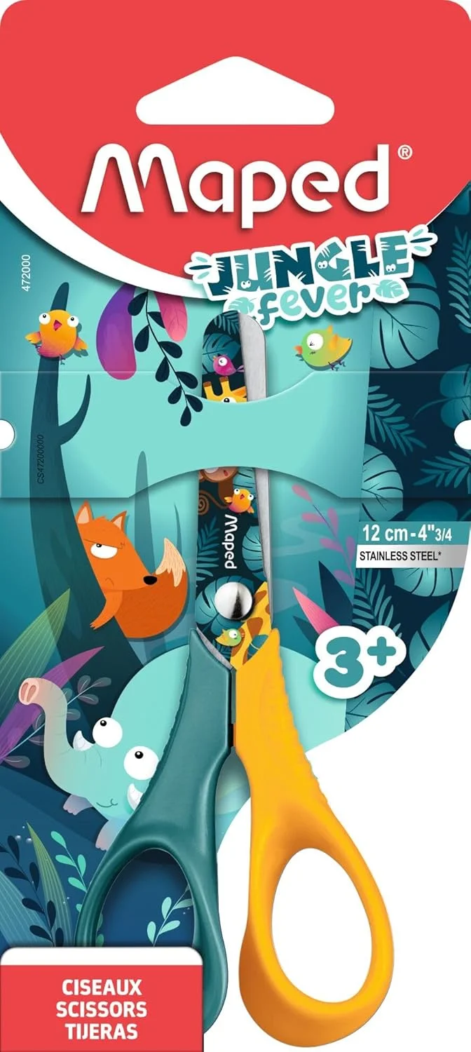 قیچی کودکانه مپد - تب جنگل - نوک گرد - استیل ضد زنگ 12 سانتی متر - حلقه های سه بعدی ارگونومیک