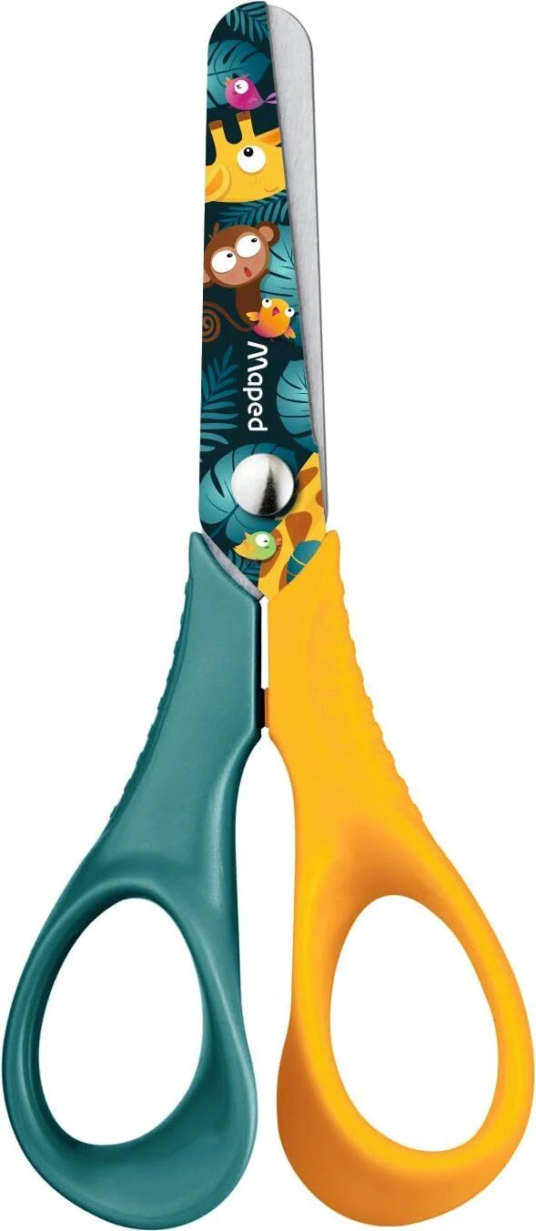 قیچی کودکانه مپد - تب جنگل - نوک گرد - استیل ضد زنگ 12 سانتی متر - حلقه های سه بعدی ارگونومیک