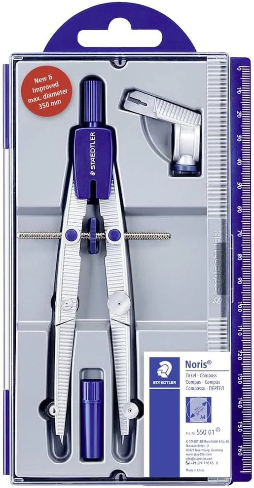 پرگار مدرسه ای نوریس اشتدلر مدل 550 01 با چرخ مرکزی، آداپتور یونیورسال و جعبه نوک (قطر 350 میلی متر) پرگار مدرسه ای نوریس اشتدلر مدل 550 01 با چرخ مرکزی، آداپتور یونیورسال و جعبه نوک (قطر 350 میلی متر)