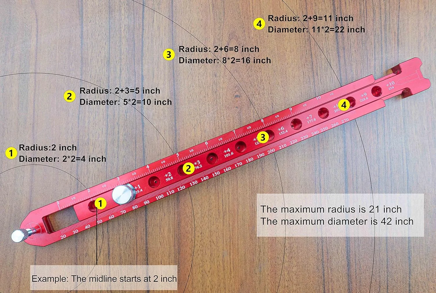 خط کش دایره زن نجاری SlogPith، ابزار پرگار نجاری آلیاژ آلومینیوم قابل حمل، خط کش رسم قوس متریک/اینچی قابل تنظیم، ابزار علامت گذاری دایره