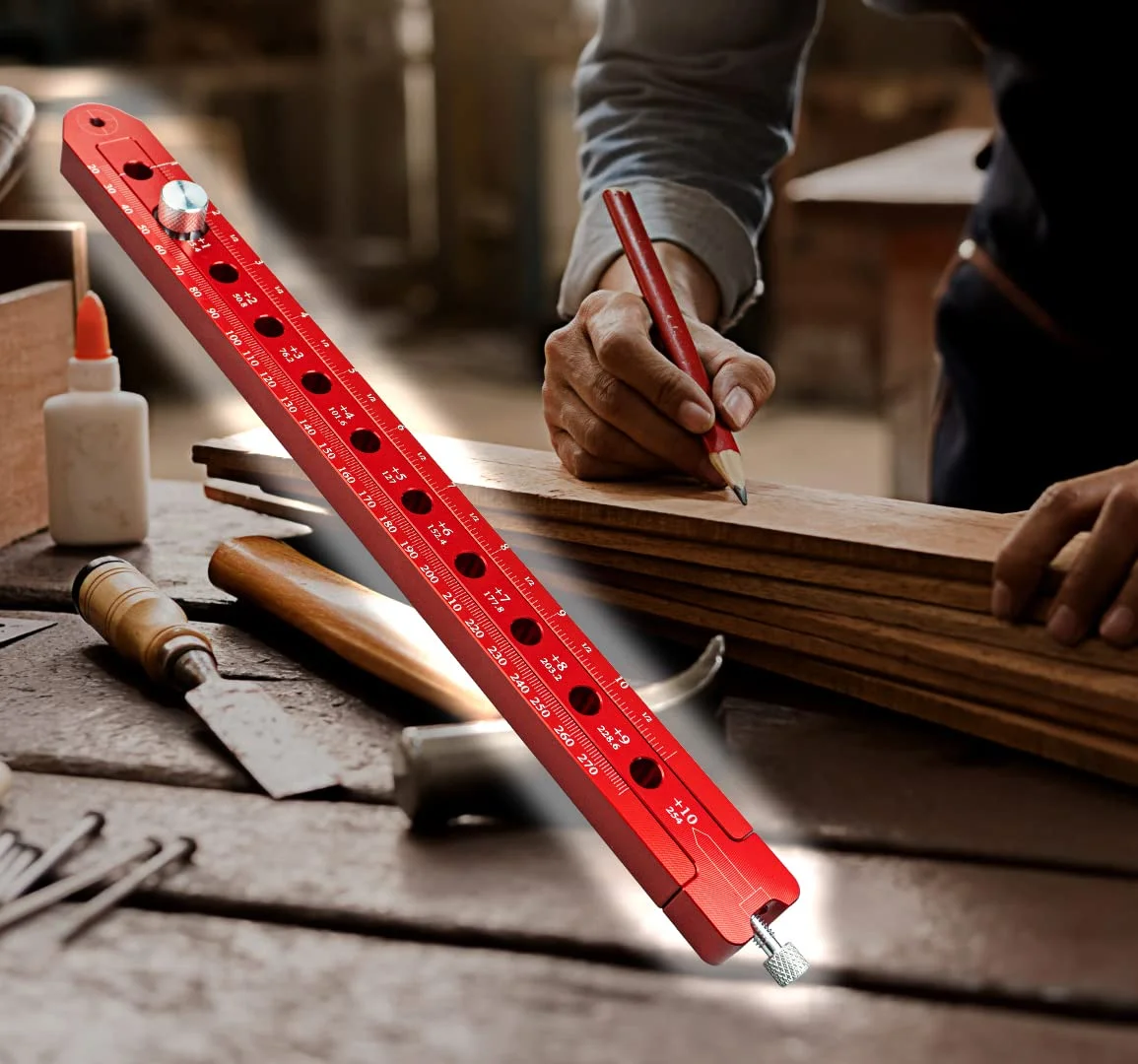 خط کش دایره زن نجاری SlogPith، ابزار پرگار نجاری آلیاژ آلومینیوم قابل حمل، خط کش رسم قوس متریک/اینچی قابل تنظیم، ابزار علامت گذاری دایره