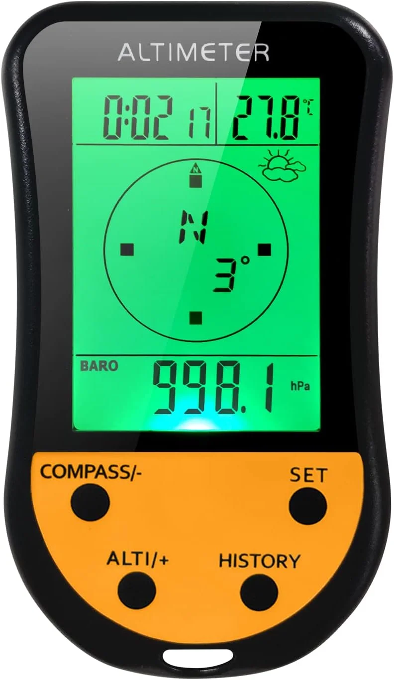 ارتفاع سنج دیجیتال الکترونیکی OUNA مدل 8 در 1 چند منظوره LCD با نور پس زمینه، ارتفاع سنج کوچک، فشارسنج، قطب نما، دماسنج، پیش بینی آب و هوا، ساعت و تقویم برای کوهنوردی، پیاده روی و ماهیگیری در فضای باز