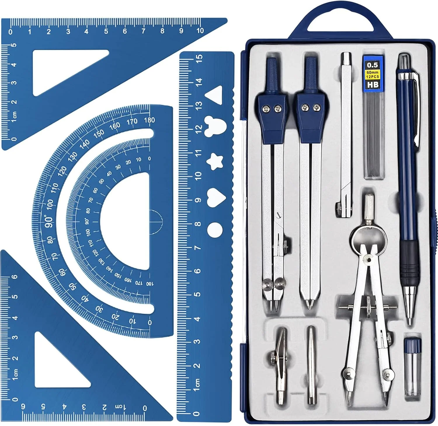ست هندسه حرفه ای قطب نما فلزی، 14 تکه، ست ابزار دقیق هندسی با جعبه نگهداری نشکن، ابزار طراحی و کیت های طراحی، ابزار رسم دایره برای مهندسان و دانشجویان (آبی)