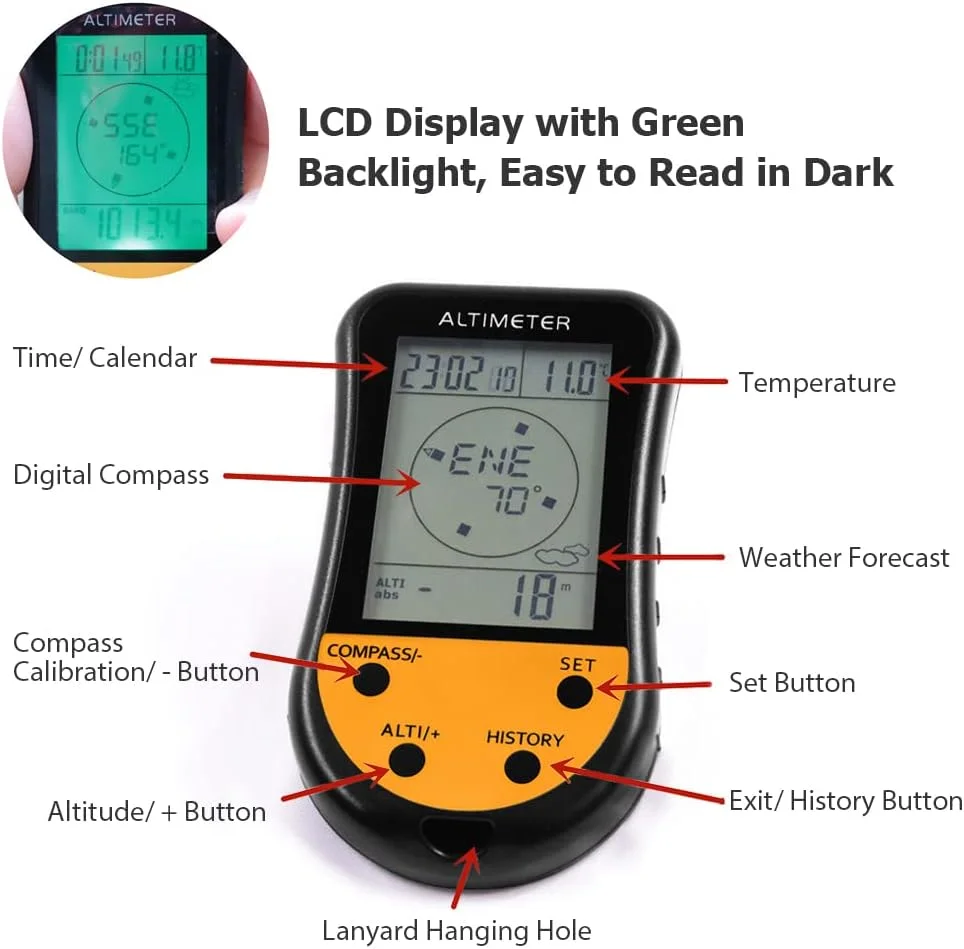 ارتفاع سنج دیجیتال الکترونیکی OUNA مدل 8 در 1 چند منظوره LCD با نور پس زمینه، ارتفاع سنج کوچک، فشارسنج، قطب نما، دماسنج، پیش بینی آب و هوا، ساعت و تقویم برای کوهنوردی، پیاده روی و ماهیگیری در فضای باز ارتفاع سنج دیجیتال الکترونیکی OUNA مدل 8 در 1 چند منظوره LCD با نور پس زمینه، ارتفاع سنج کوچک، فشارسنج، قطب نما، دماسنج، پیش بینی آب و هوا، ساعت و تقویم برای کوهنوردی، پیاده روی و ماهیگیری در فضای باز
