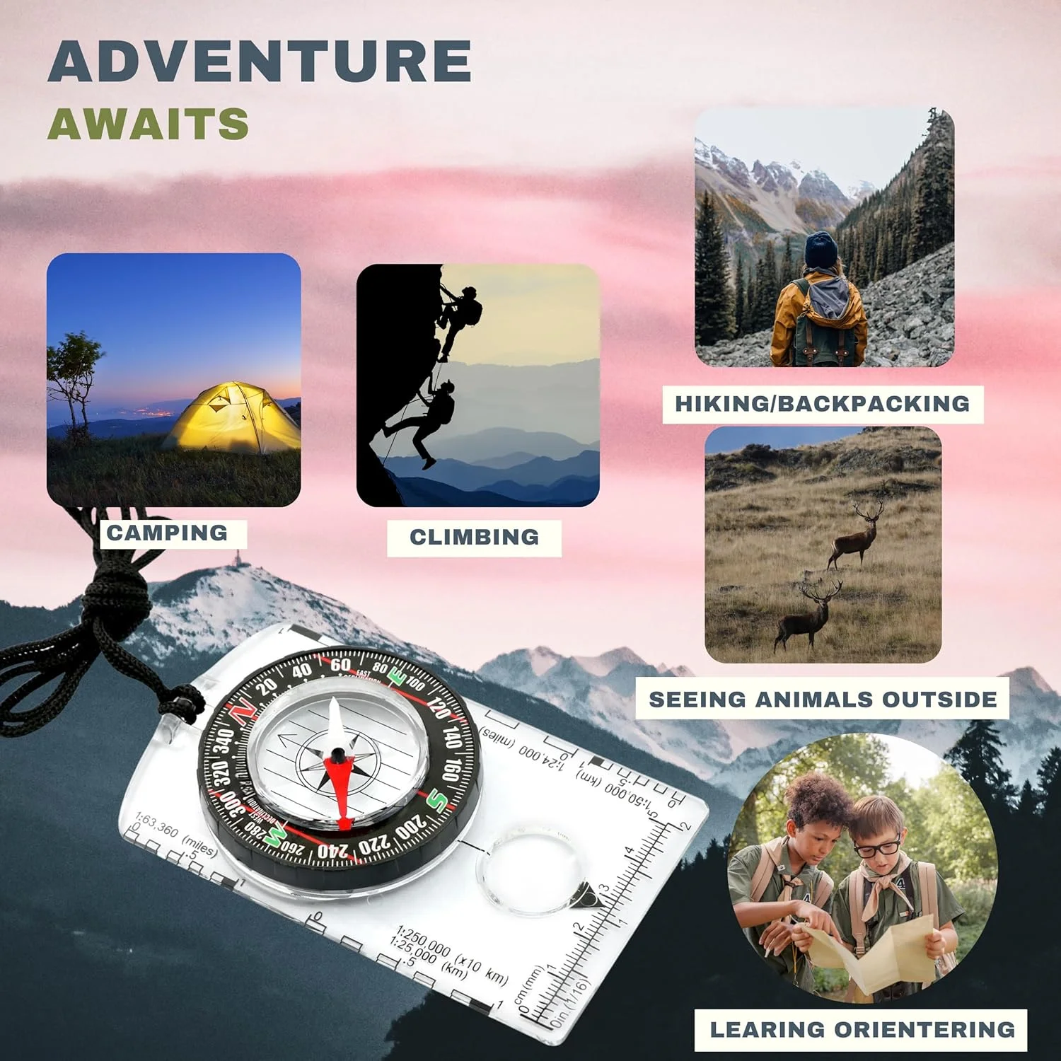 قطب نما جهت یابی، قطب نما ناوبری بقا برای پیاده روی، قطب نما چند منظوره حرفه ای پیشرفته برای کمپینگ، نقشه خوانی، کوله گردی، بهترین انتخاب (شفاف)