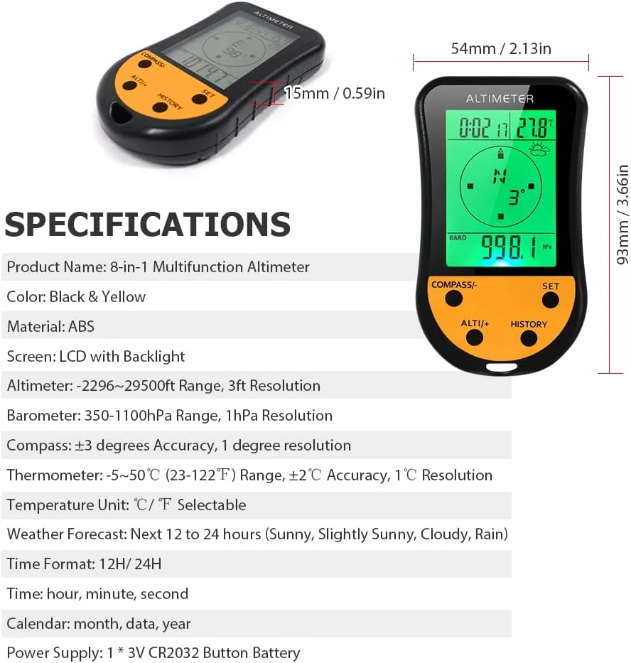 ارتفاع سنج دیجیتال الکترونیکی OUNA مدل 8 در 1 چند منظوره LCD با نور پس زمینه، ارتفاع سنج کوچک، فشارسنج، قطب نما، دماسنج، پیش بینی آب و هوا، ساعت و تقویم برای کوهنوردی، پیاده روی و ماهیگیری در فضای باز ارتفاع سنج دیجیتال الکترونیکی OUNA مدل 8 در 1 چند منظوره LCD با نور پس زمینه، ارتفاع سنج کوچک، فشارسنج، قطب نما، دماسنج، پیش بینی آب و هوا، ساعت و تقویم برای کوهنوردی، پیاده روی و ماهیگیری در فضای باز