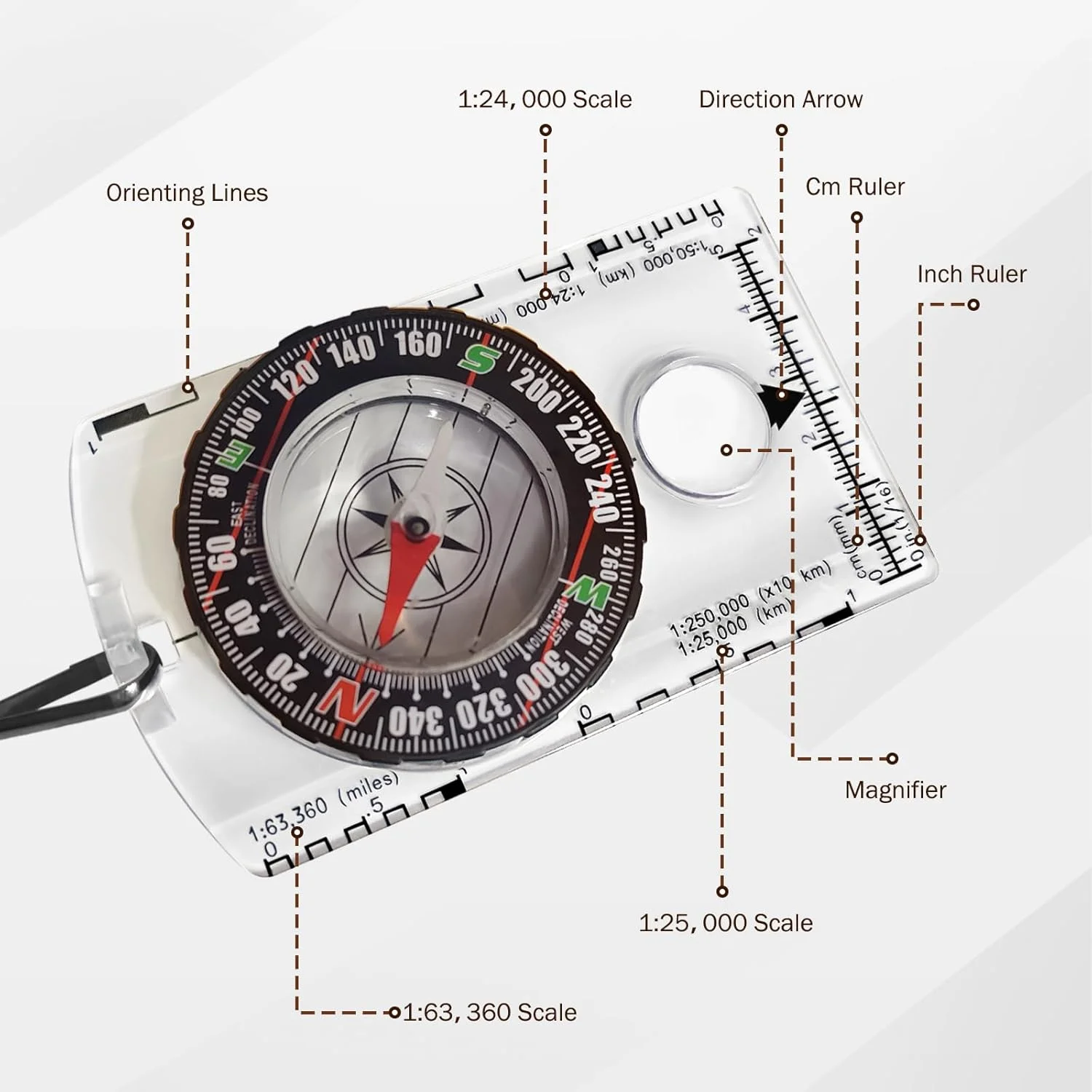قطب نما جهت یابی، قطب نما ناوبری بقا برای پیاده روی، قطب نما چند منظوره حرفه ای پیشرفته برای کمپینگ، نقشه خوانی، کوله گردی، بهترین انتخاب (شفاف)